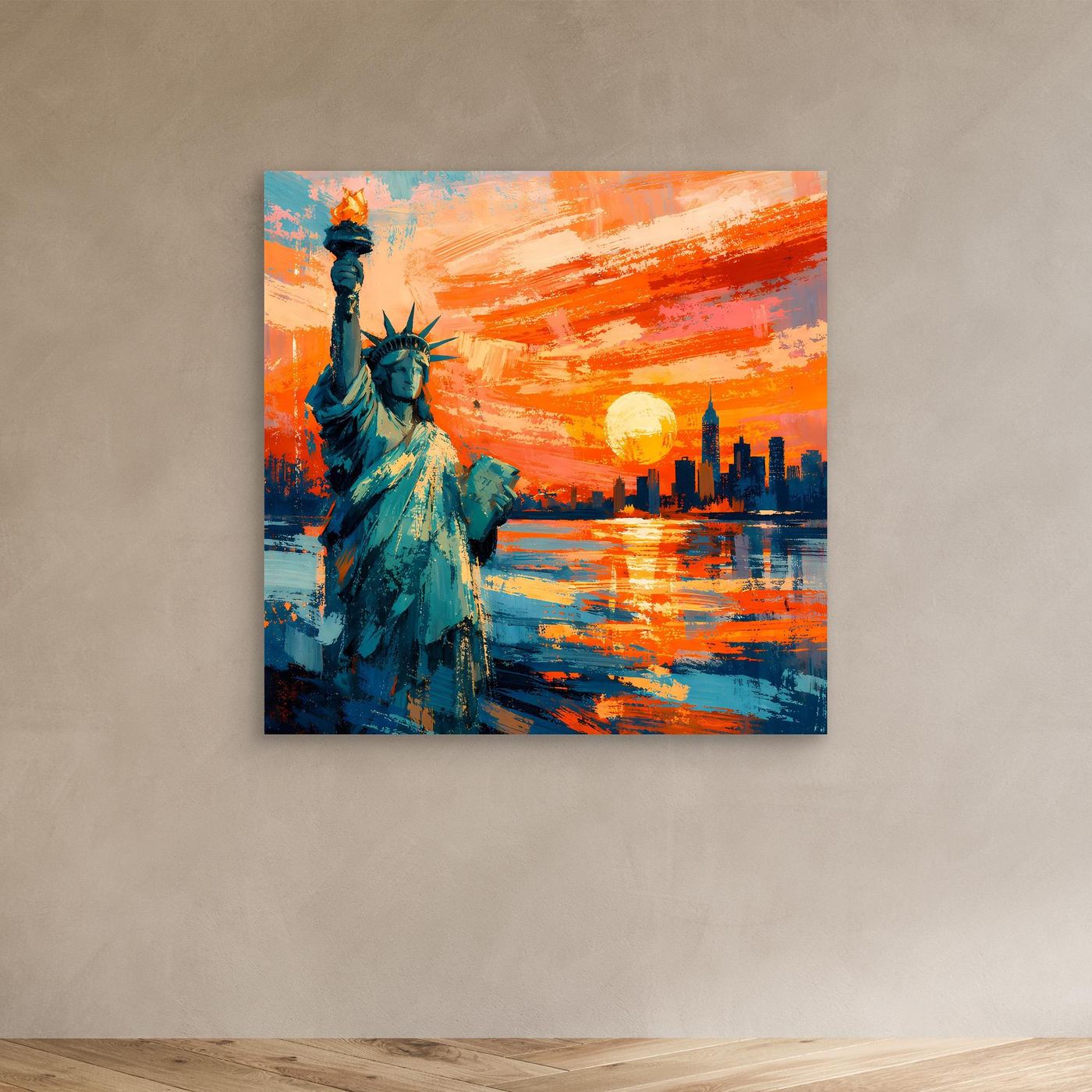 Leinwand-Wandbild mit Freiheitsstatue in Blaugrün, orange-roter Himmel und gelbe Sonne