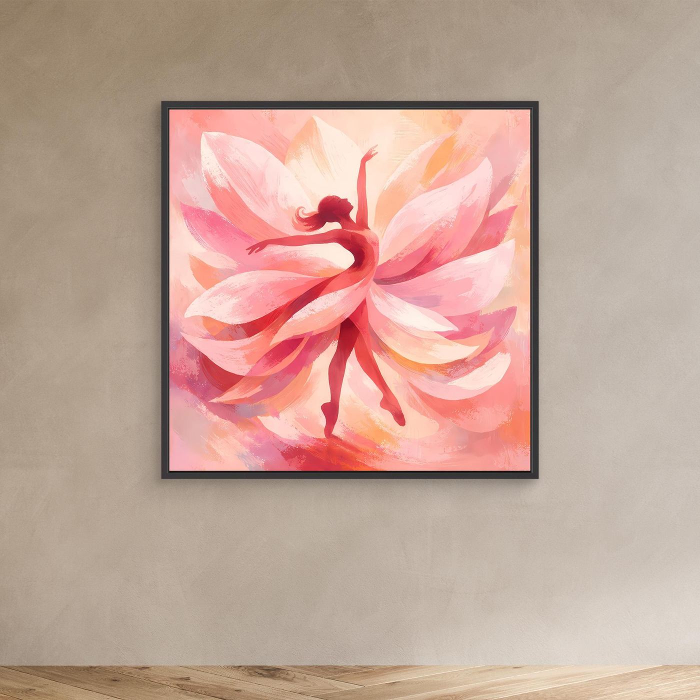 Leinwandbild mit abstrakter Tänzerin zwischen rosa Blütenblättern, schwarzer Rahmen