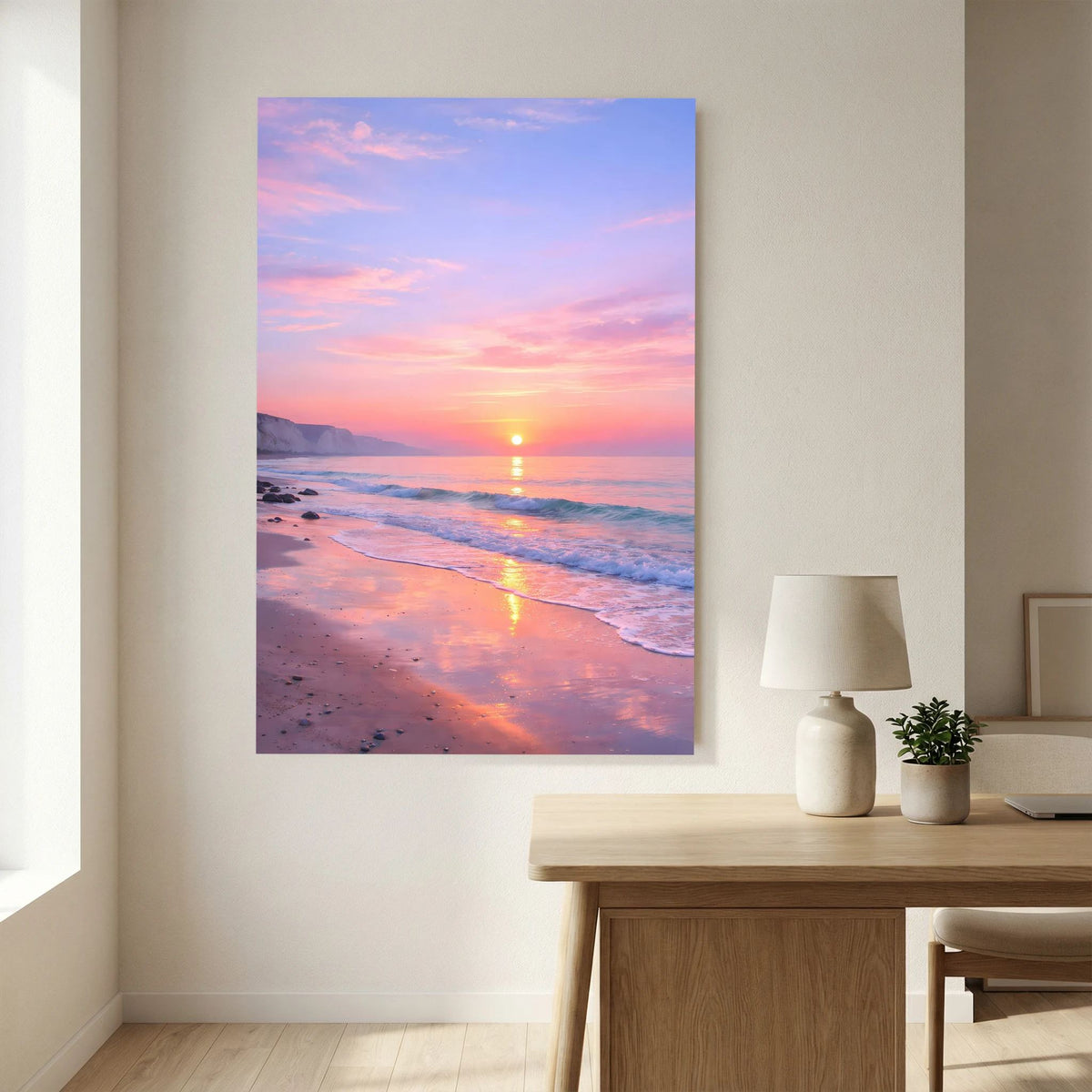 Wandbild Poster Sonnenaufgang am Meer in Pastellrosa, Hochformat