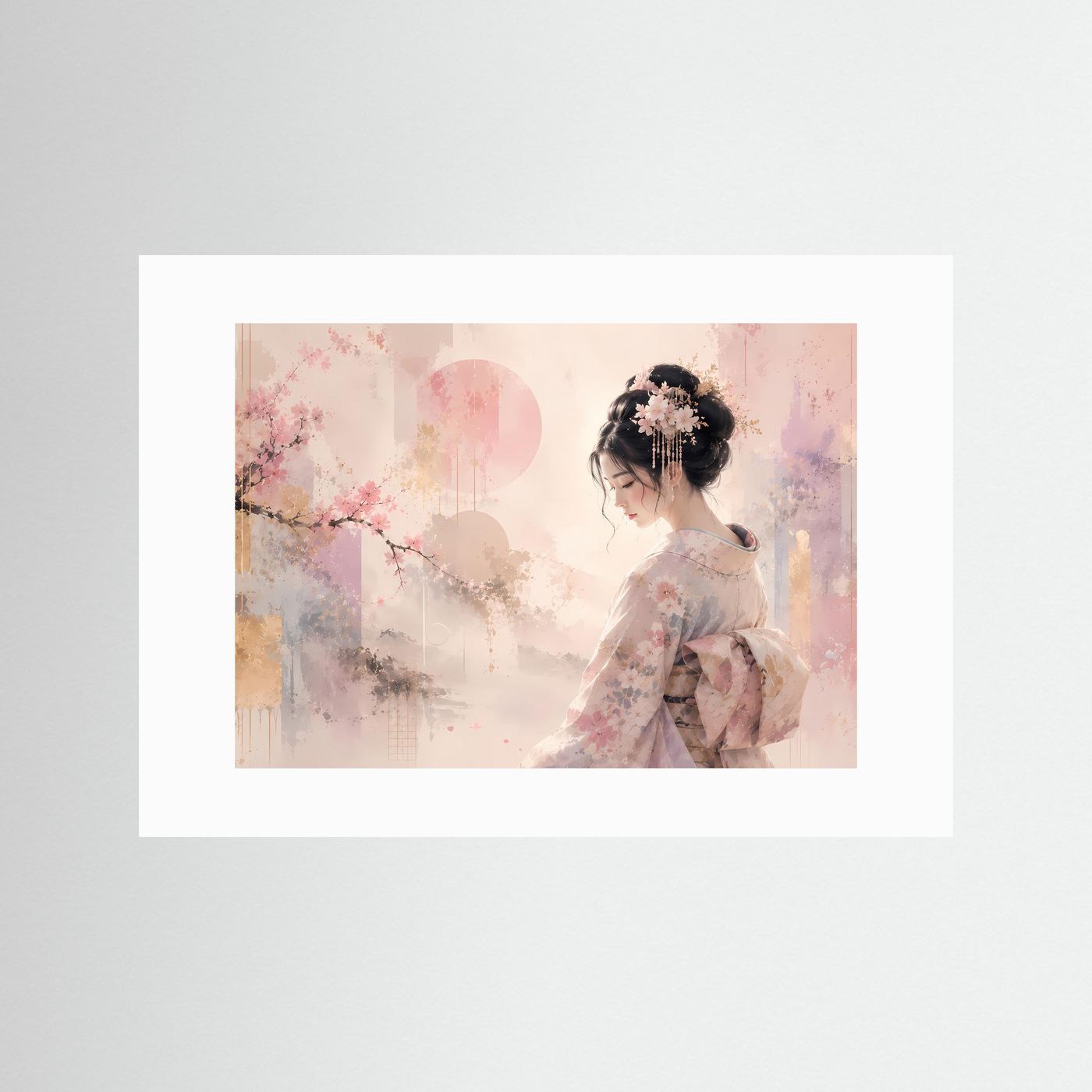 Japanische Geisha mit Kirschblüten | Elegante Pastell Kunst
