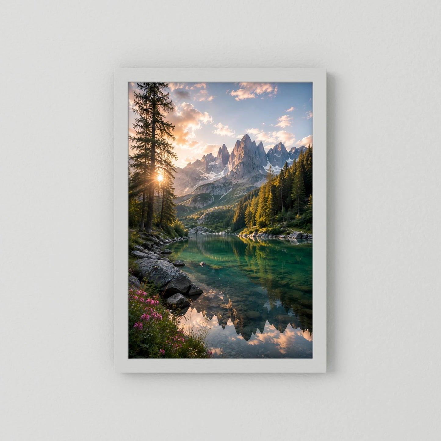 Bergsee im Sonnenuntergang | Alpenlandschaft mit Wald & Spiegelung | Poster Hochformat
