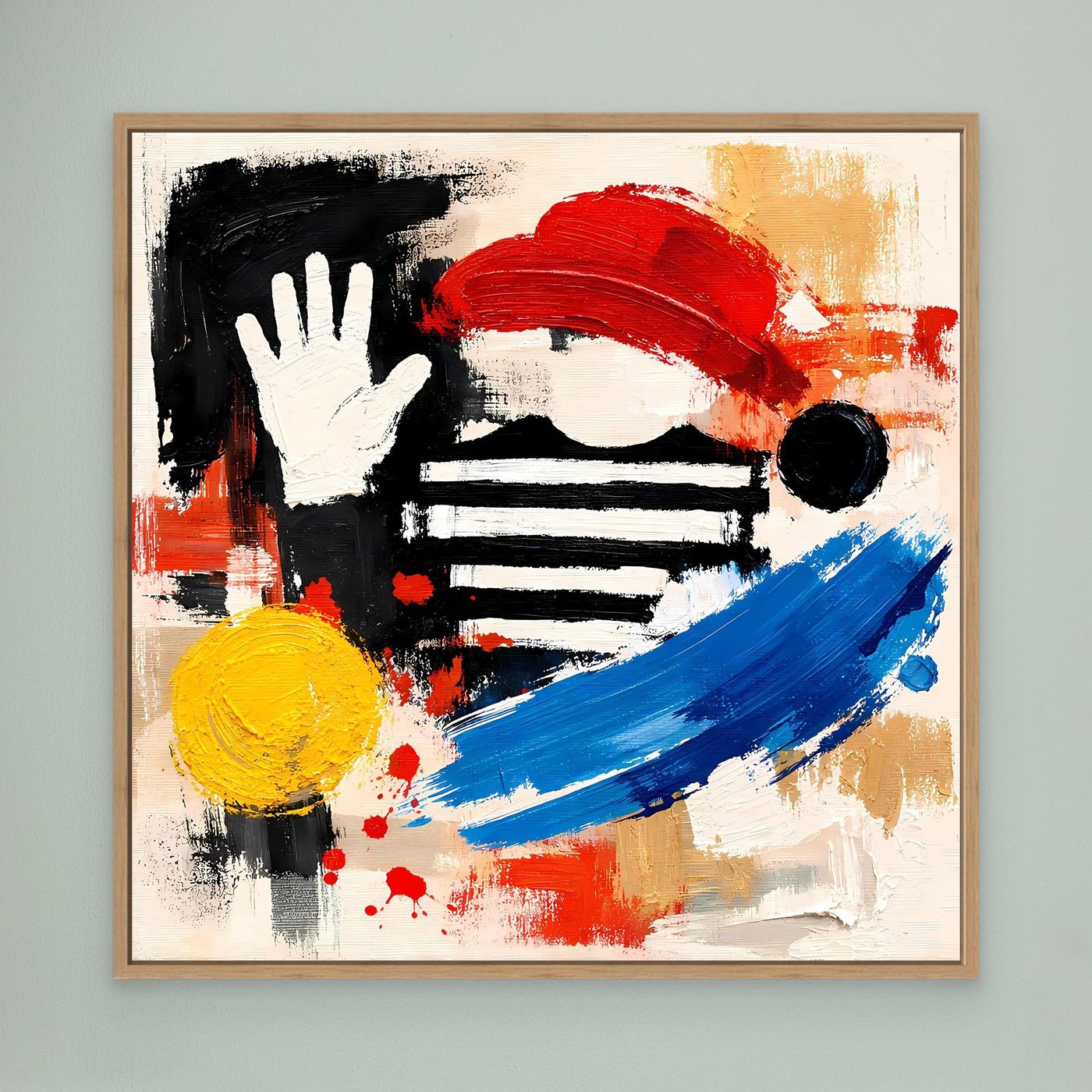 Abstract canvas wall art in oak frame with hand, red paint stroke, blue arc, yellow circle