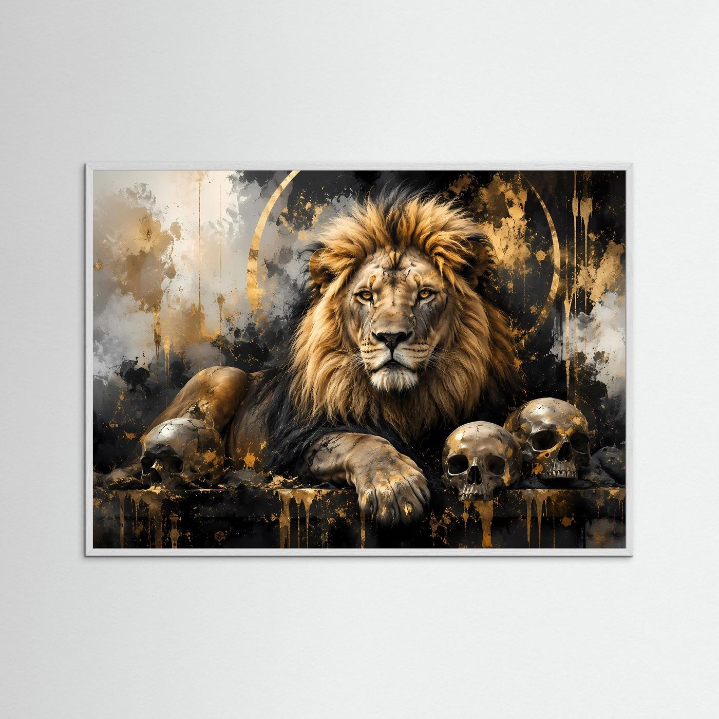 Löwe Poster mit Totenköpfen | Abstrakte Schwarz Gold Löwen Wandkunst | Majestätischer Lion Kunstdruck Modern
