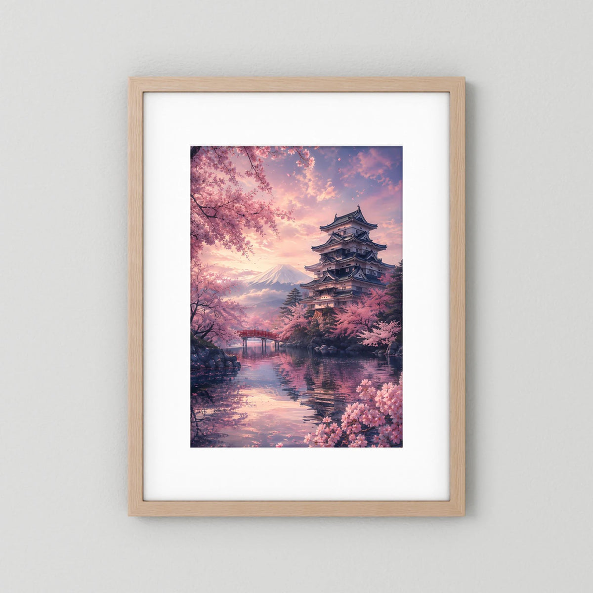 Hochformatiges Poster mit Sakura und Tempelpagode im Holzrahmen mit weißem Rand