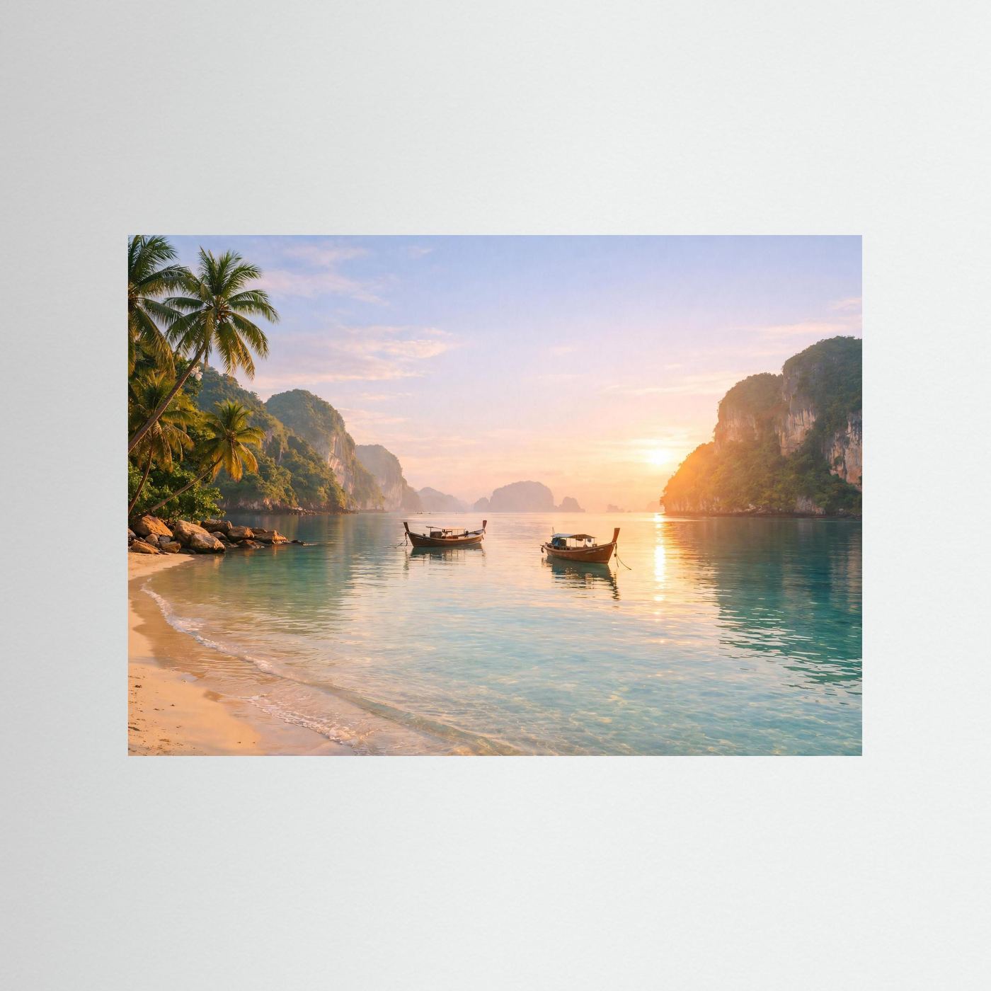 Tropischer Sonnenaufgang am Strand | Panorama Boote & Lagune Poster Querformat