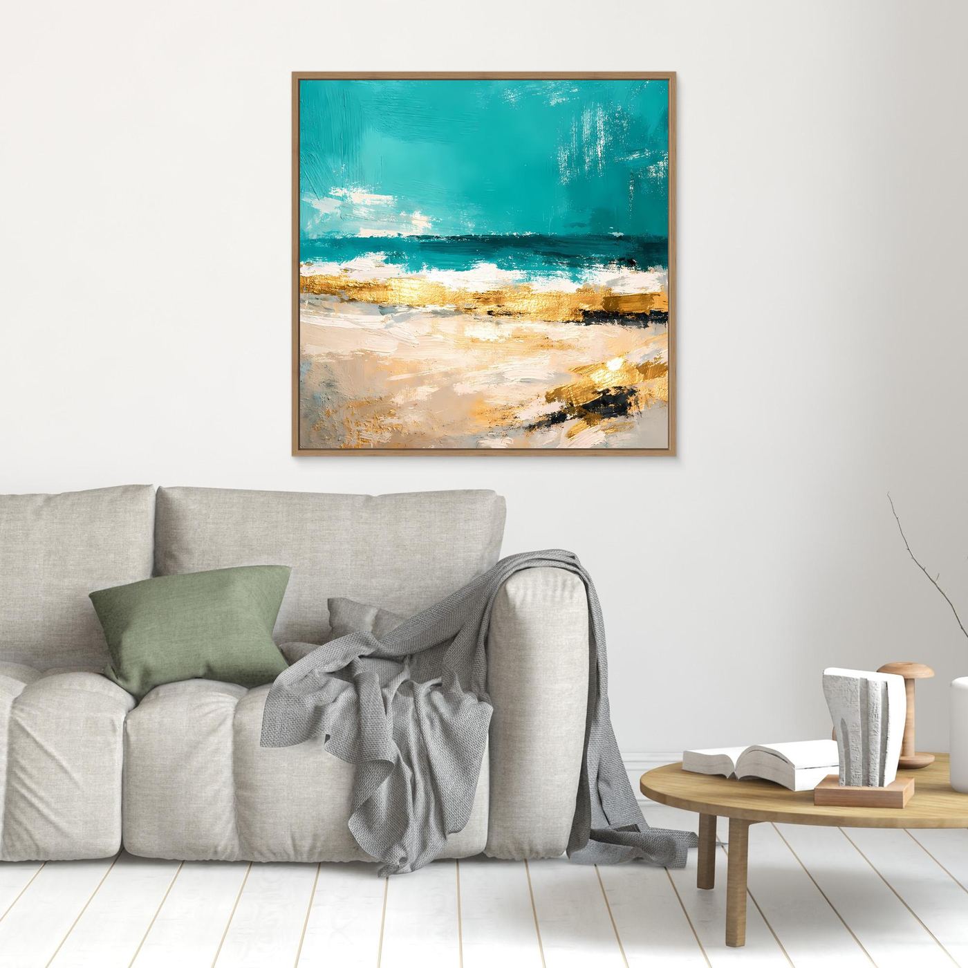 Leinwand Abstraktes Strandgemälde in Türkis und Gold | Modernes Meer Wandbild