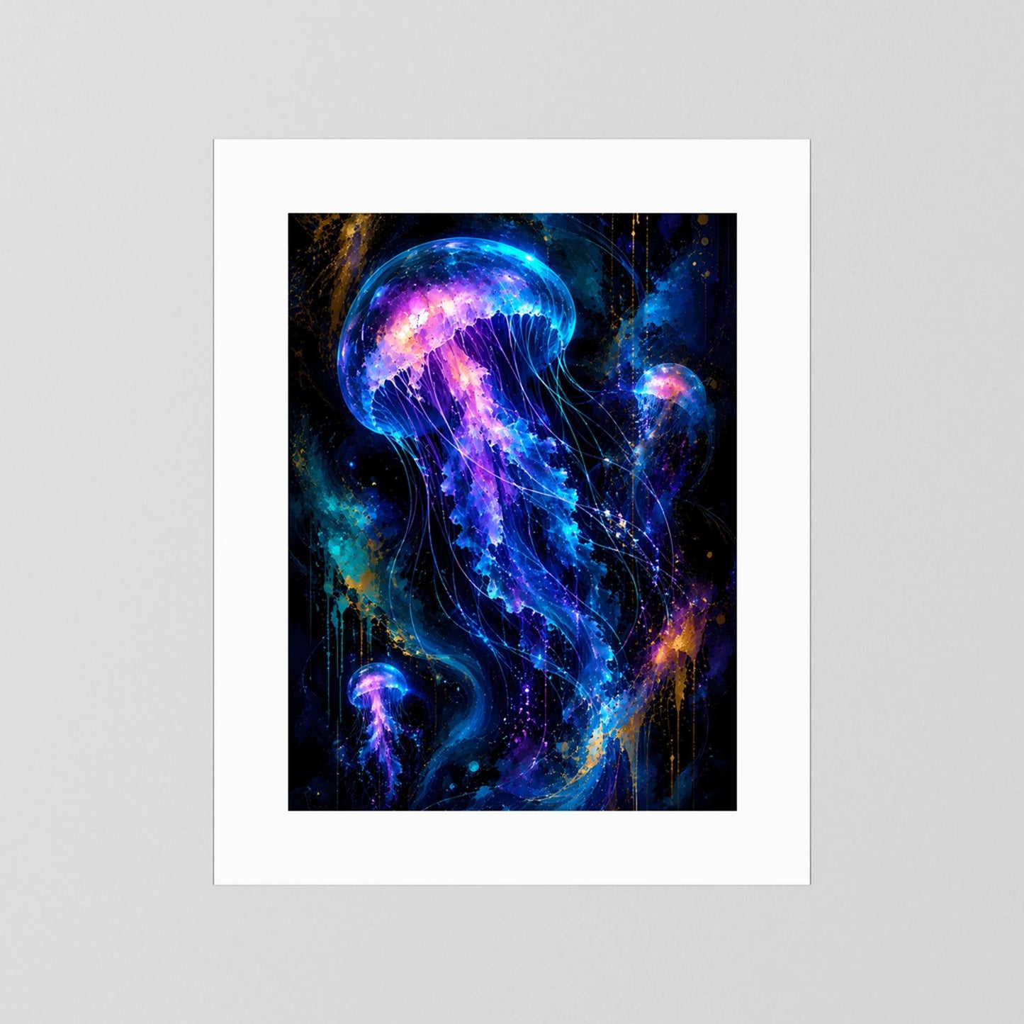 Poster im Hochformat mit leuchtenden Quallen in Neonblau und Violett, weißer Rand