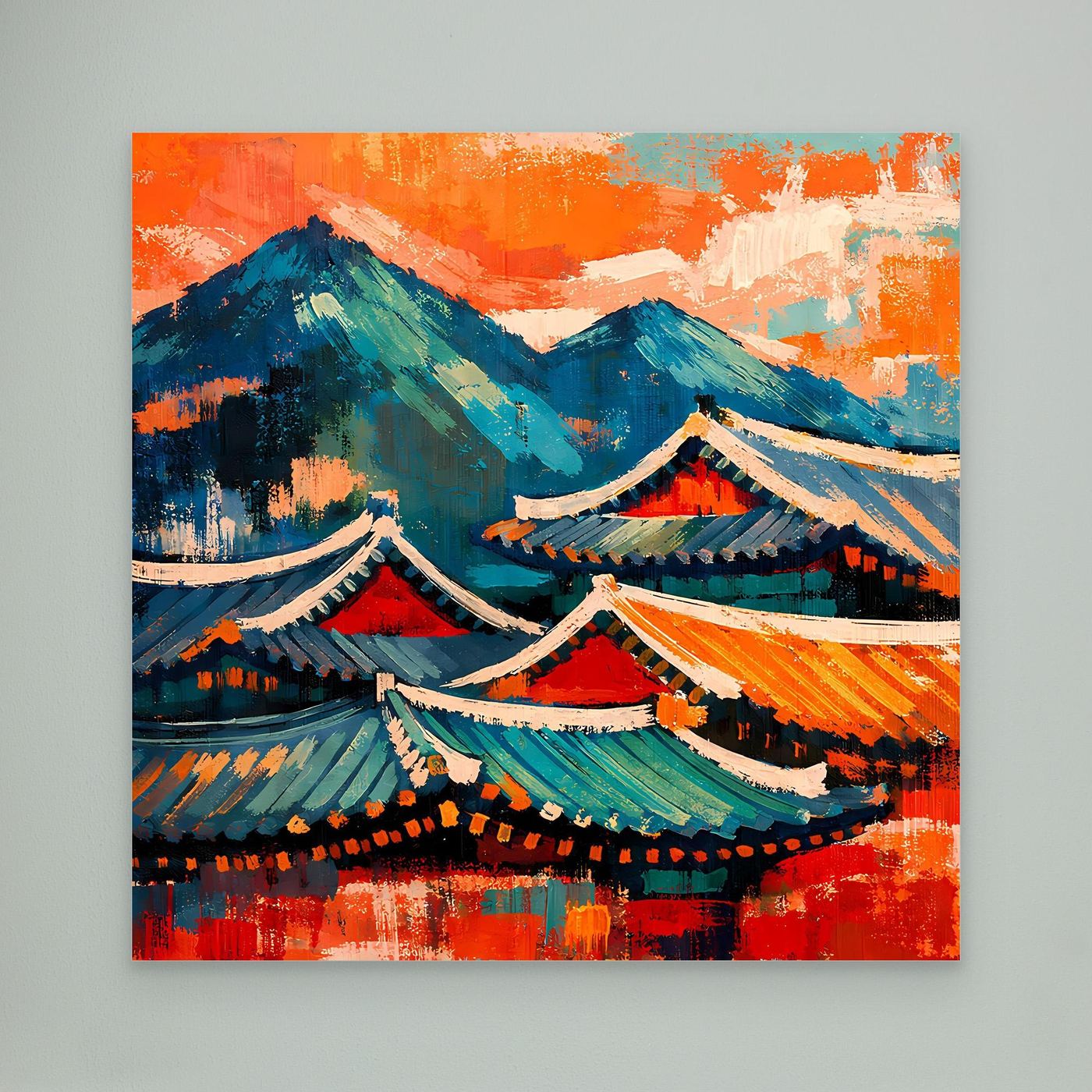 Leinwand-Wandbild mit abstrakten asiatischen Dächern und Bergen, ohne Rahmen