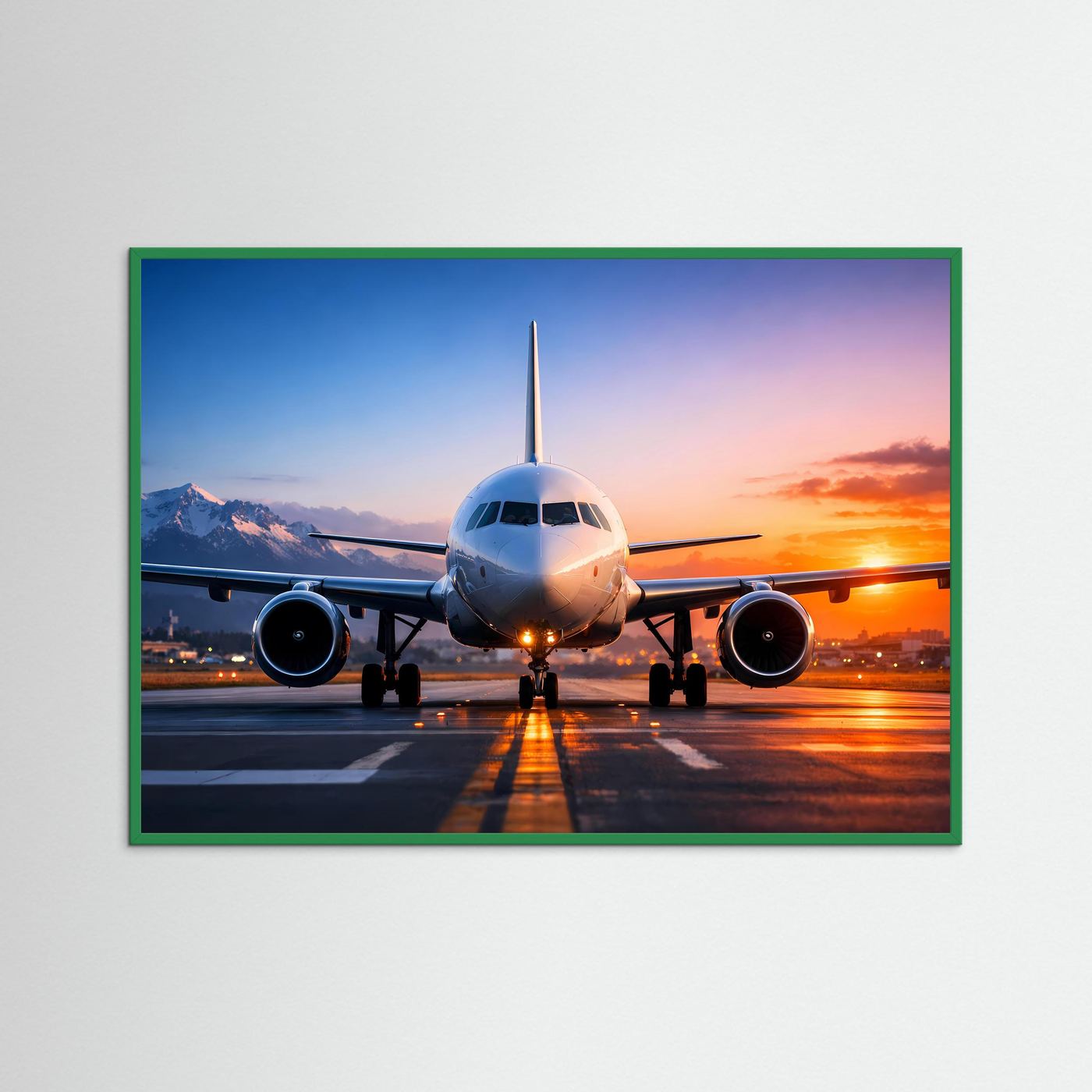 Passagierflugzeug-Poster mit grünem Rahmen, Flugzeug frontal auf der Landebahn