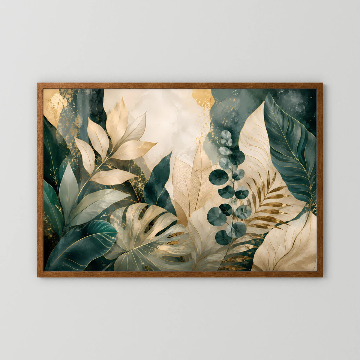 Poster im Querformat mit botanischem Blättermotiv, braunem Holzrahmen