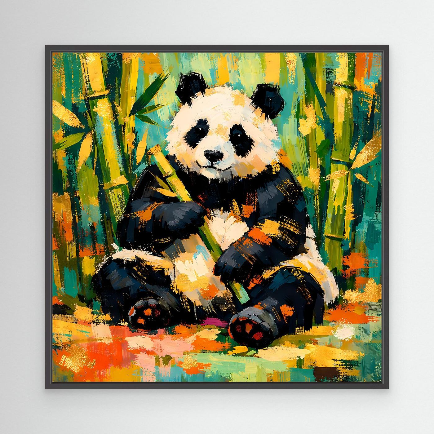 Leinwandbild mit sitzendem Panda im Bambuswald, abstraktes Tiermotiv, schwarzer Rahmen