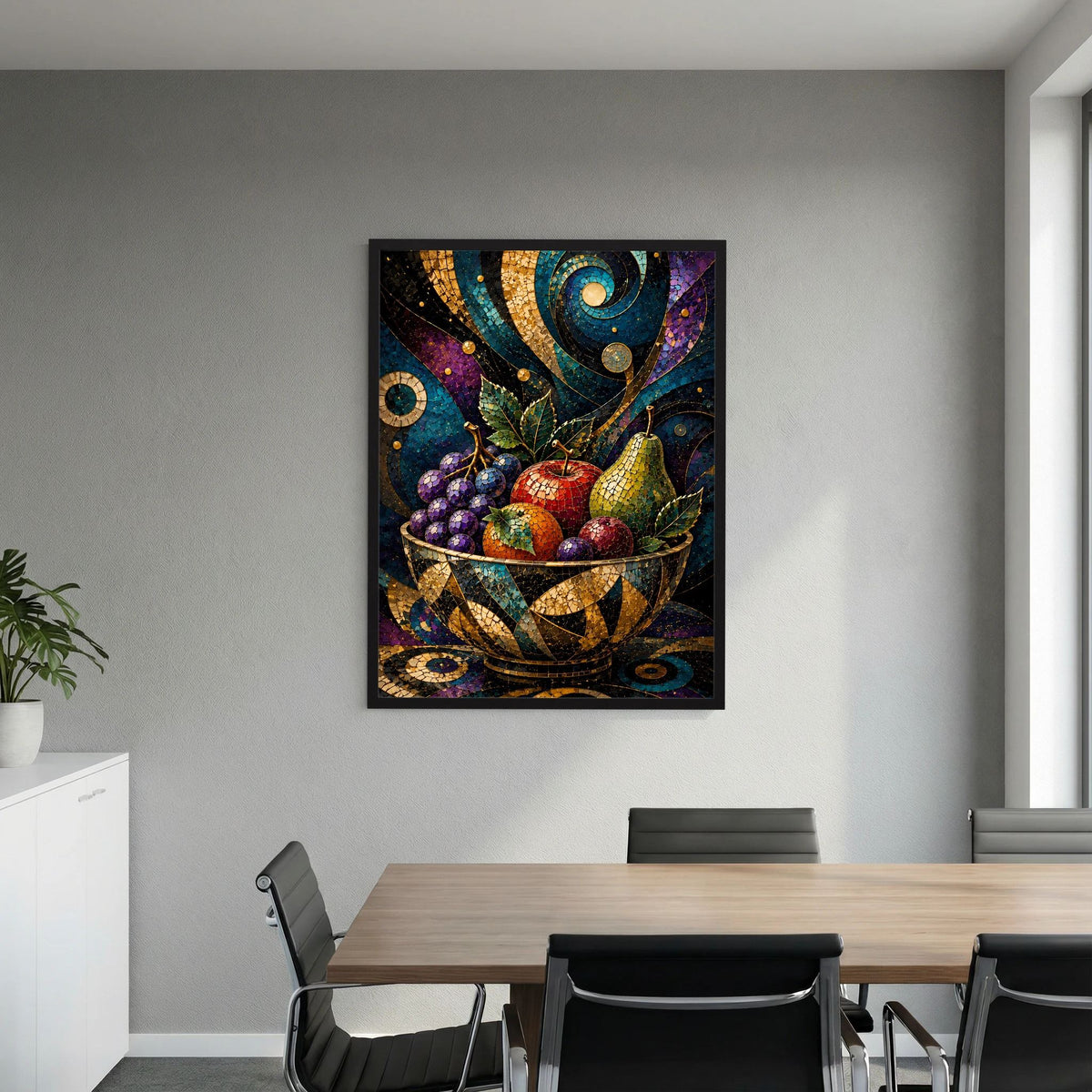 Poster mit Mosaik-Obstschale, goldene Ornamente und bunte Beeren
