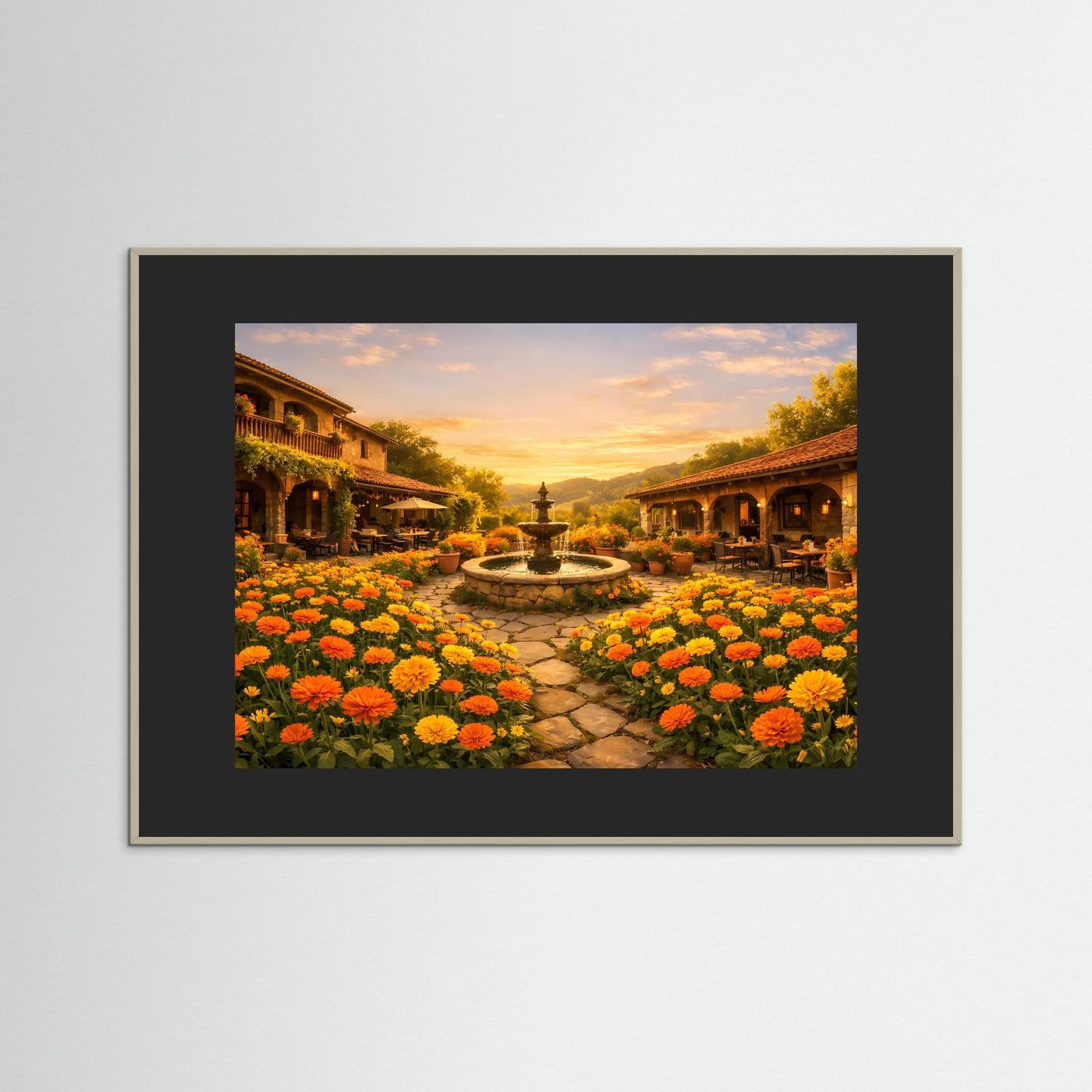 Gerahmtes Wandbild mit mediterranem Innenhof, Brunnen und bunten Blumen, schwarzer Rahmen