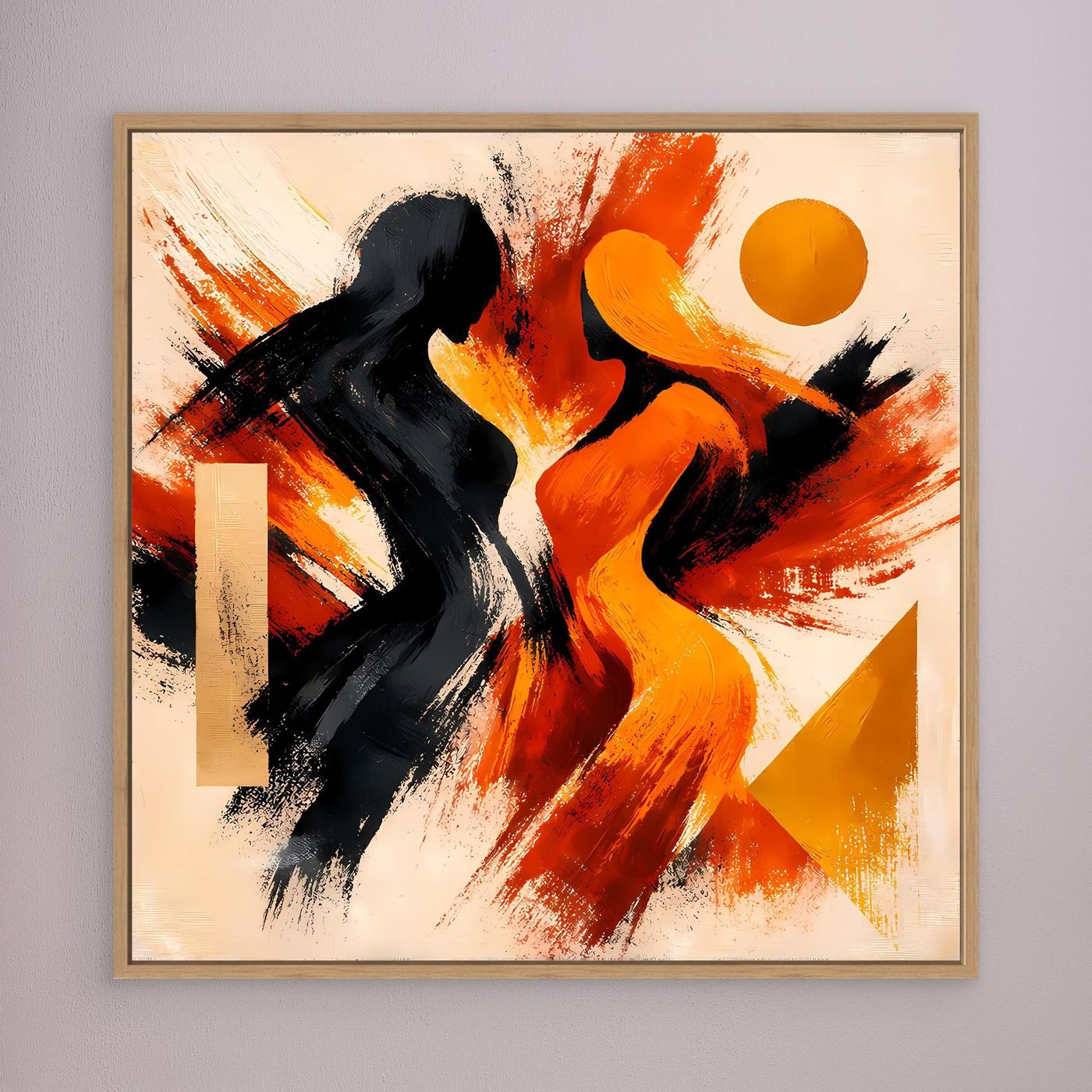 Abstraktes Leinwandbild mit orange-roter Figur und schwarzer Silhouette, brauner Rahmen