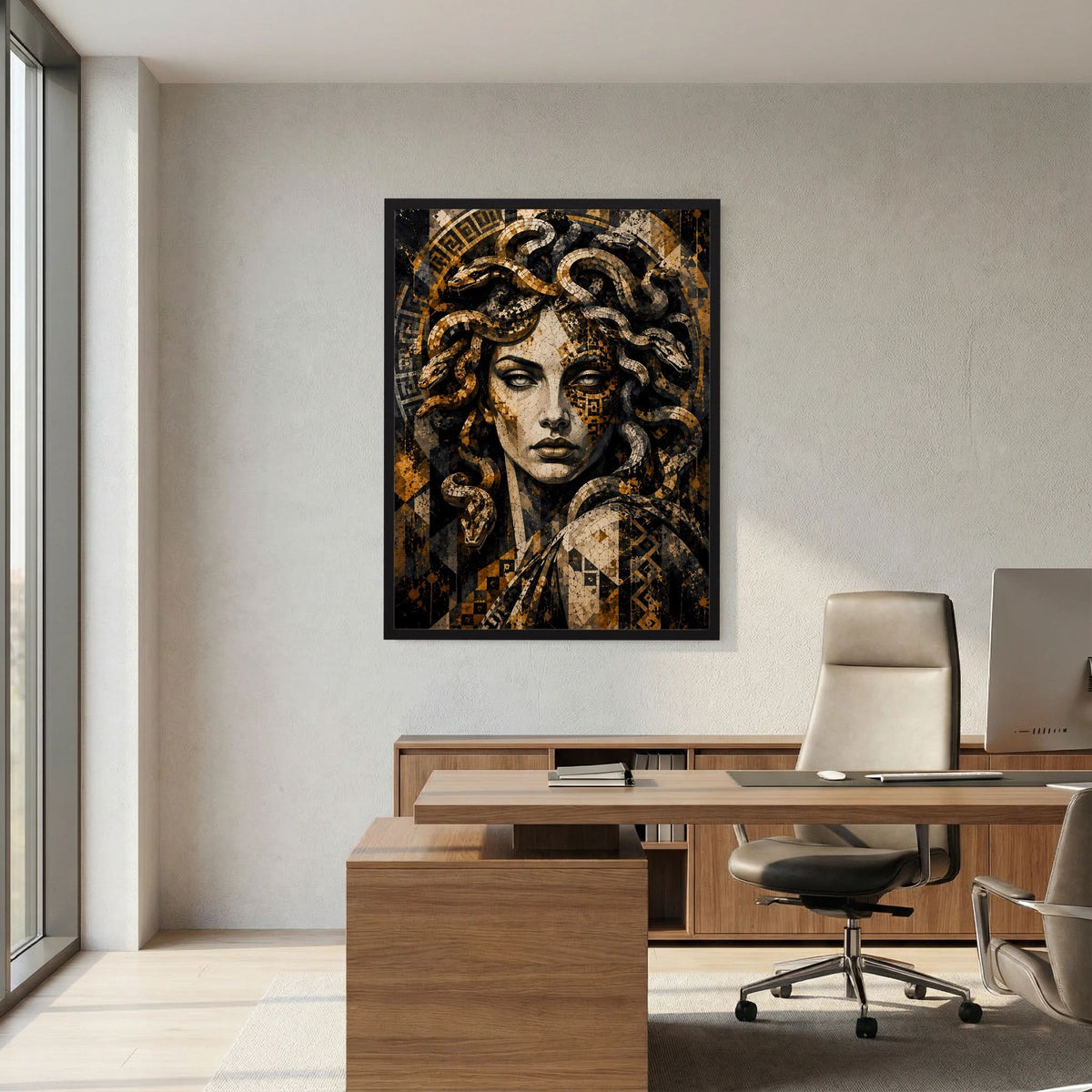 Wandposter mit Medusa-Motiv, goldene Schlängellinien auf schwarzem Mosaikgrund