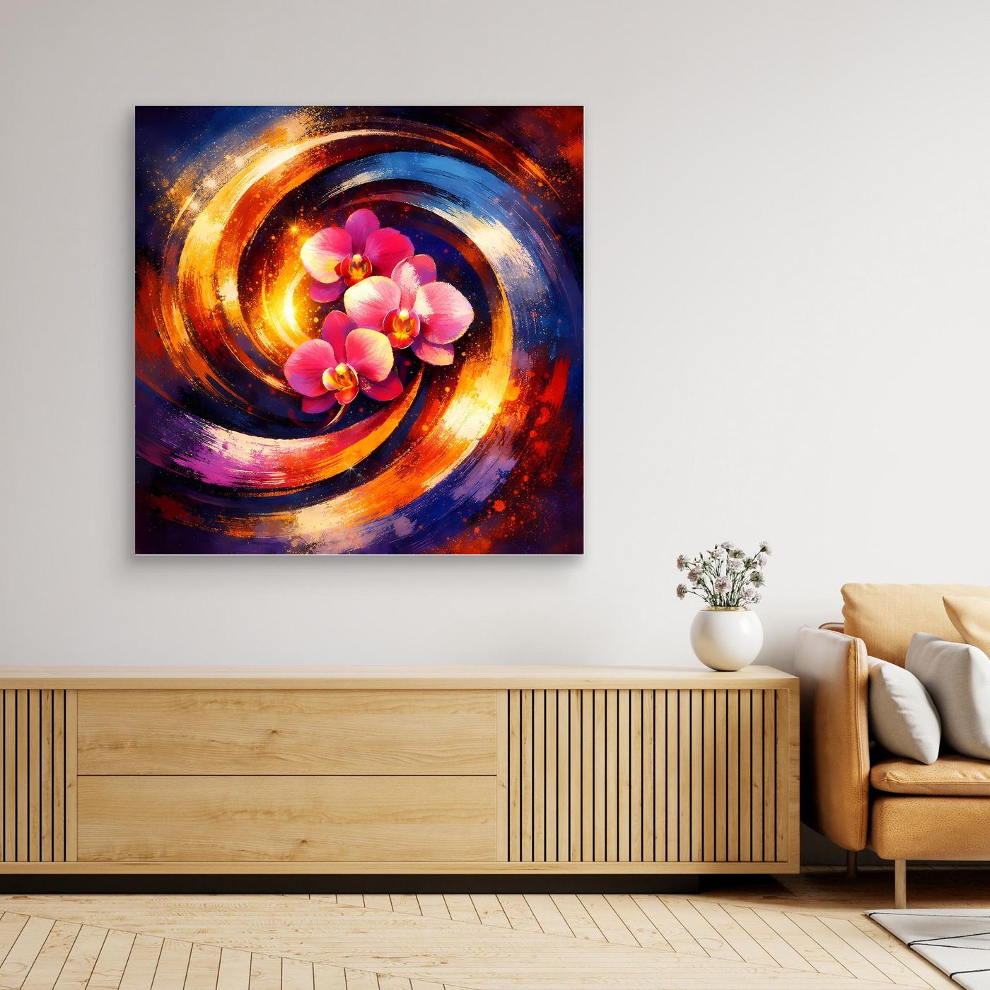 Gerahmtes quadratisches Leinwandbild mit Orchideenblüten im spiralförmigen Blau-Gold-Design.
