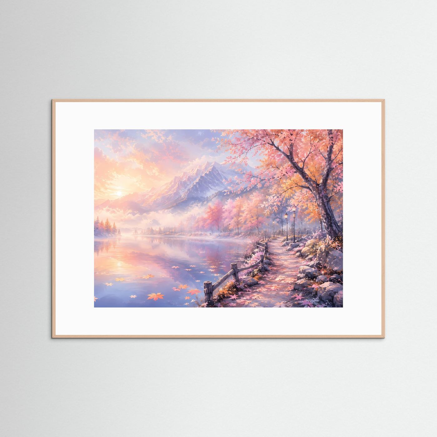 Pastell Alpen am Spiegelsee | Romantisches Berglandschaft Panorama Poster Querformat in Rosa & Gold