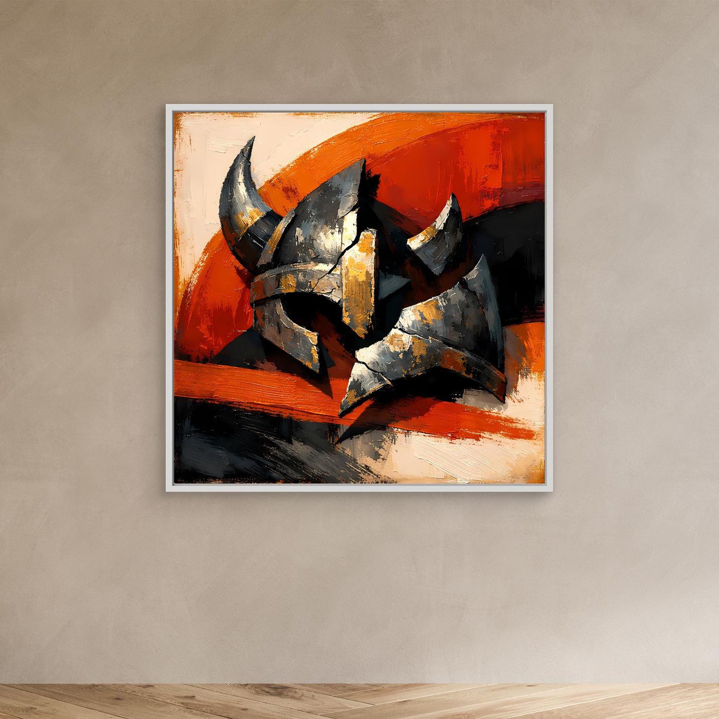 Gerahmtes Leinwandbild mit Wikingerhelm, graue Helmflächen und schwarze Schatten