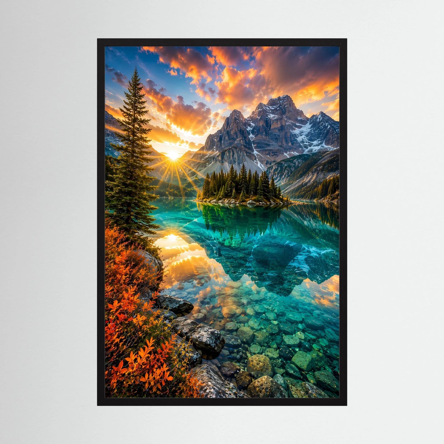 Türkiser Bergsee bei Sonnenuntergang | Majestätische Berglandschaft mit Spiegelung | Poster Hochformat