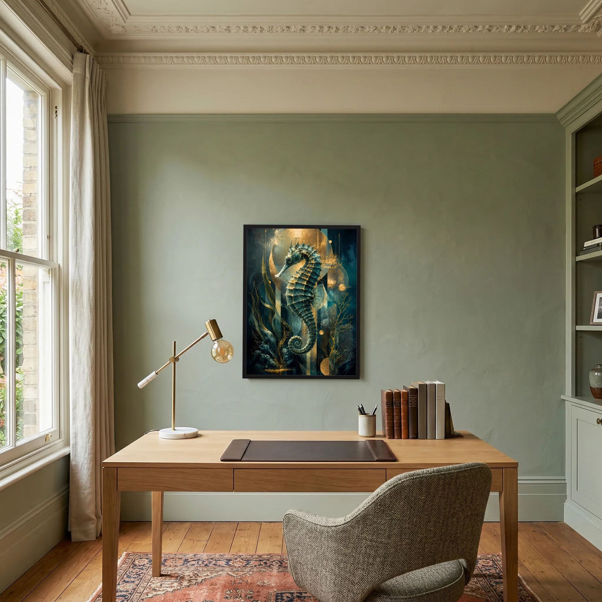 Quadratischer Kunstdruck mit Seepferdchen in Petrol und Gold, goldene Lichtpunkte