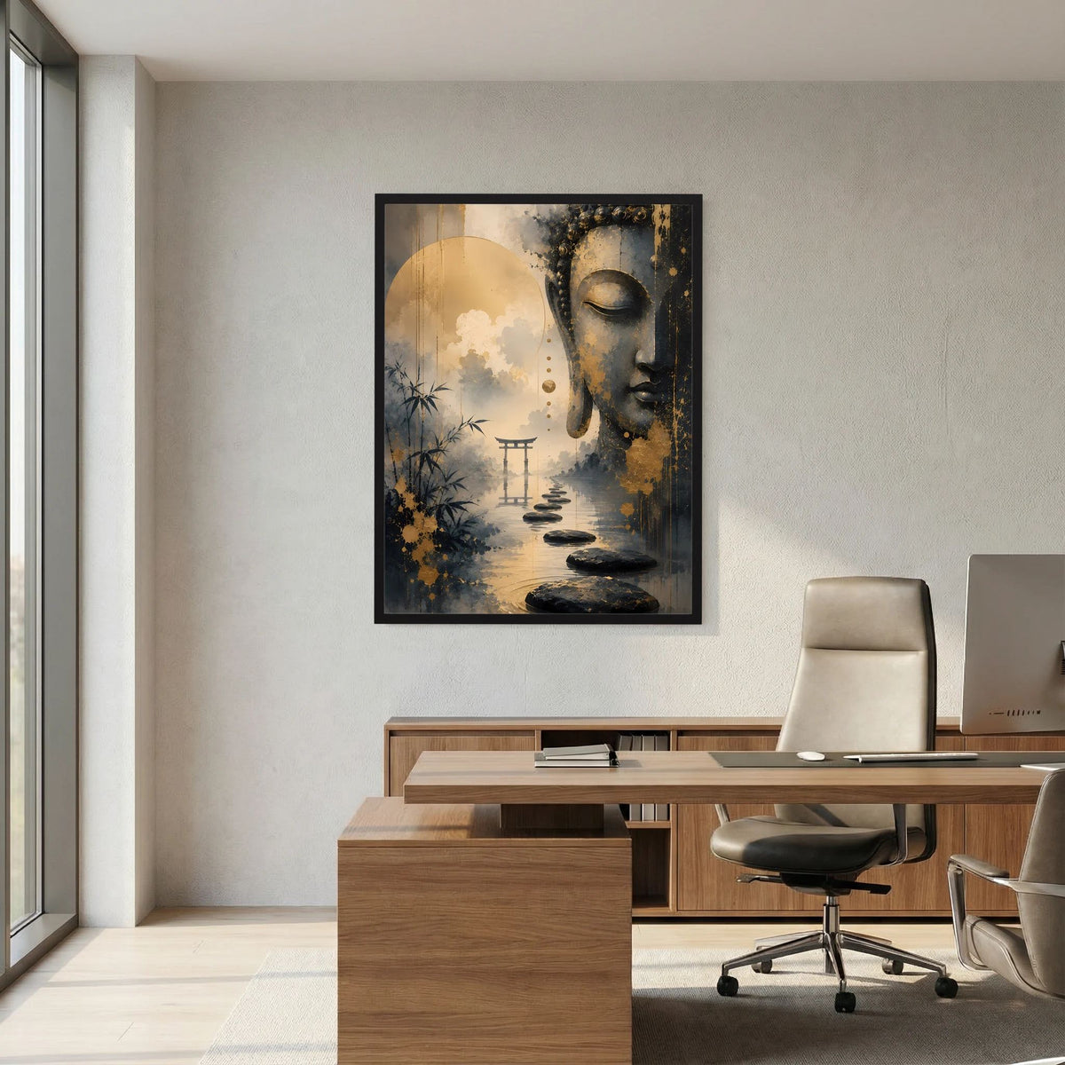 Buddha-Poster im schwarzen Rahmen, Gold- und Schwarzkunst mit Wasser und Bambus