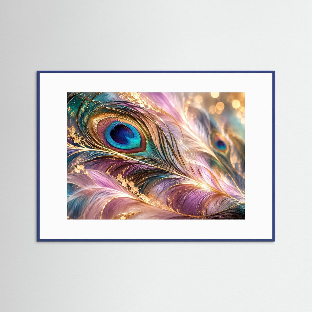 Wandbild mit Pfauenfeder-Motiv im blauen Rahmen