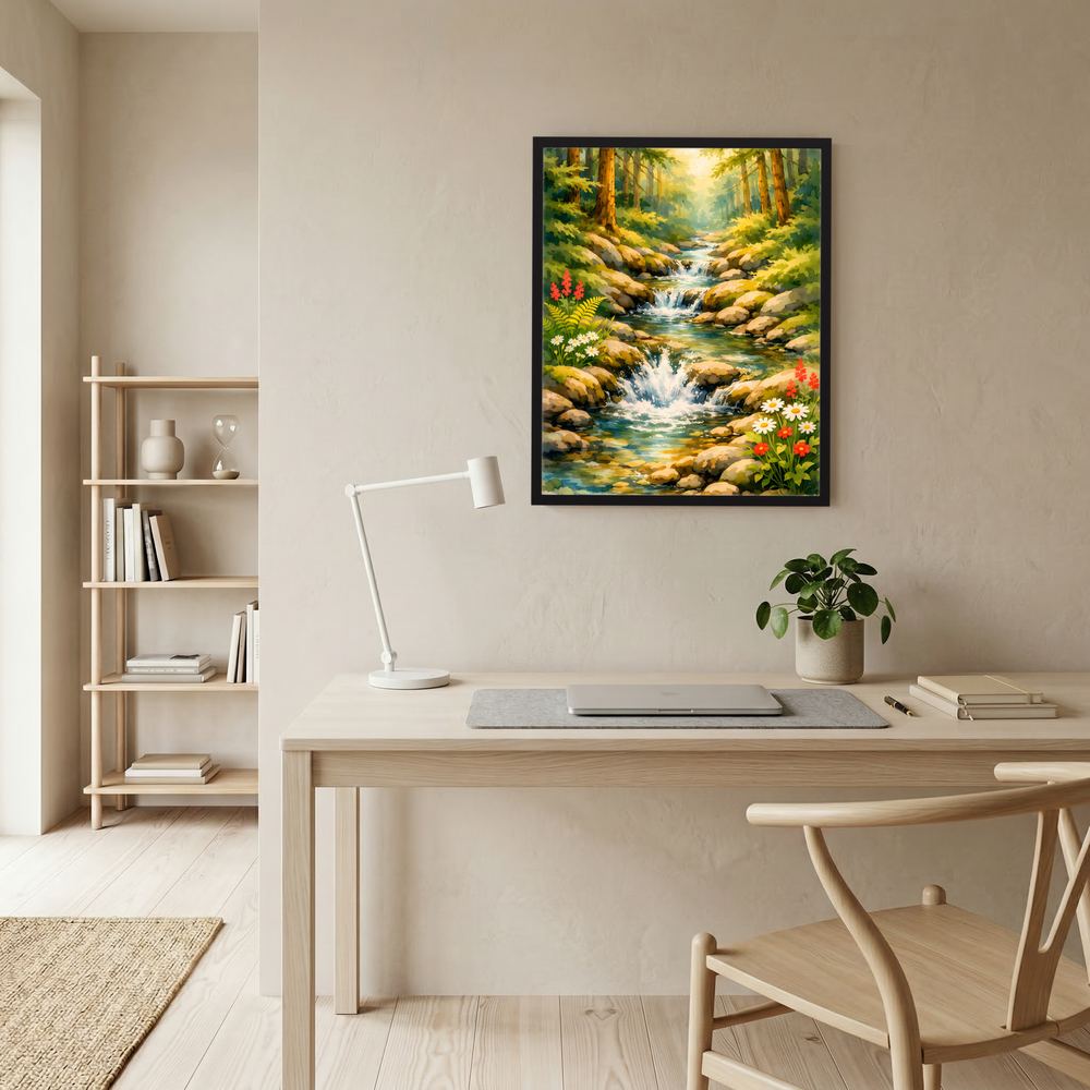 Gerahmtes Wasserfall-Wandposter mit Bachlauf, Laubwald und bunten Blumen
