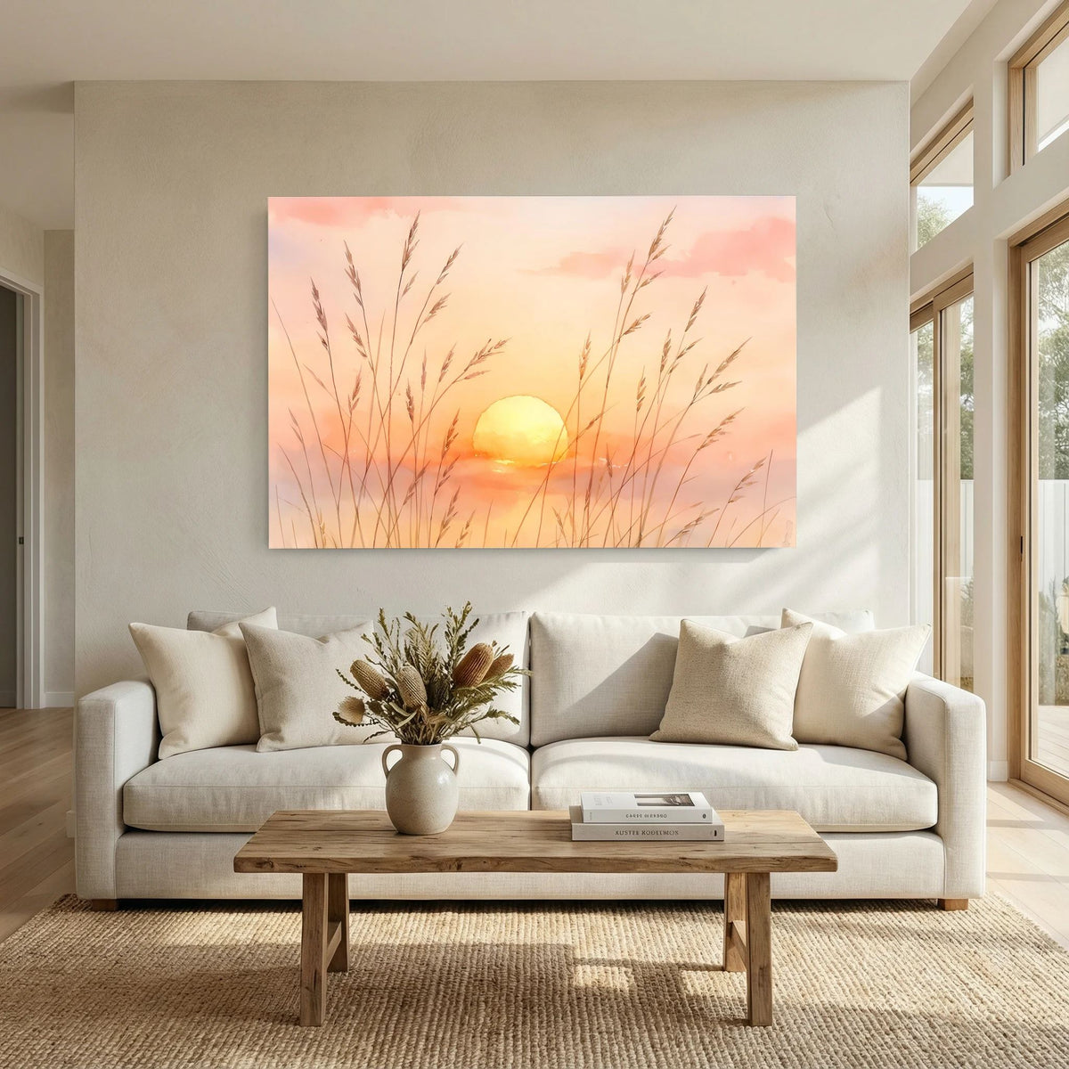 Florales Aquarell-Wandbild (Querformat) mit goldener Abendsonne und Gräsern