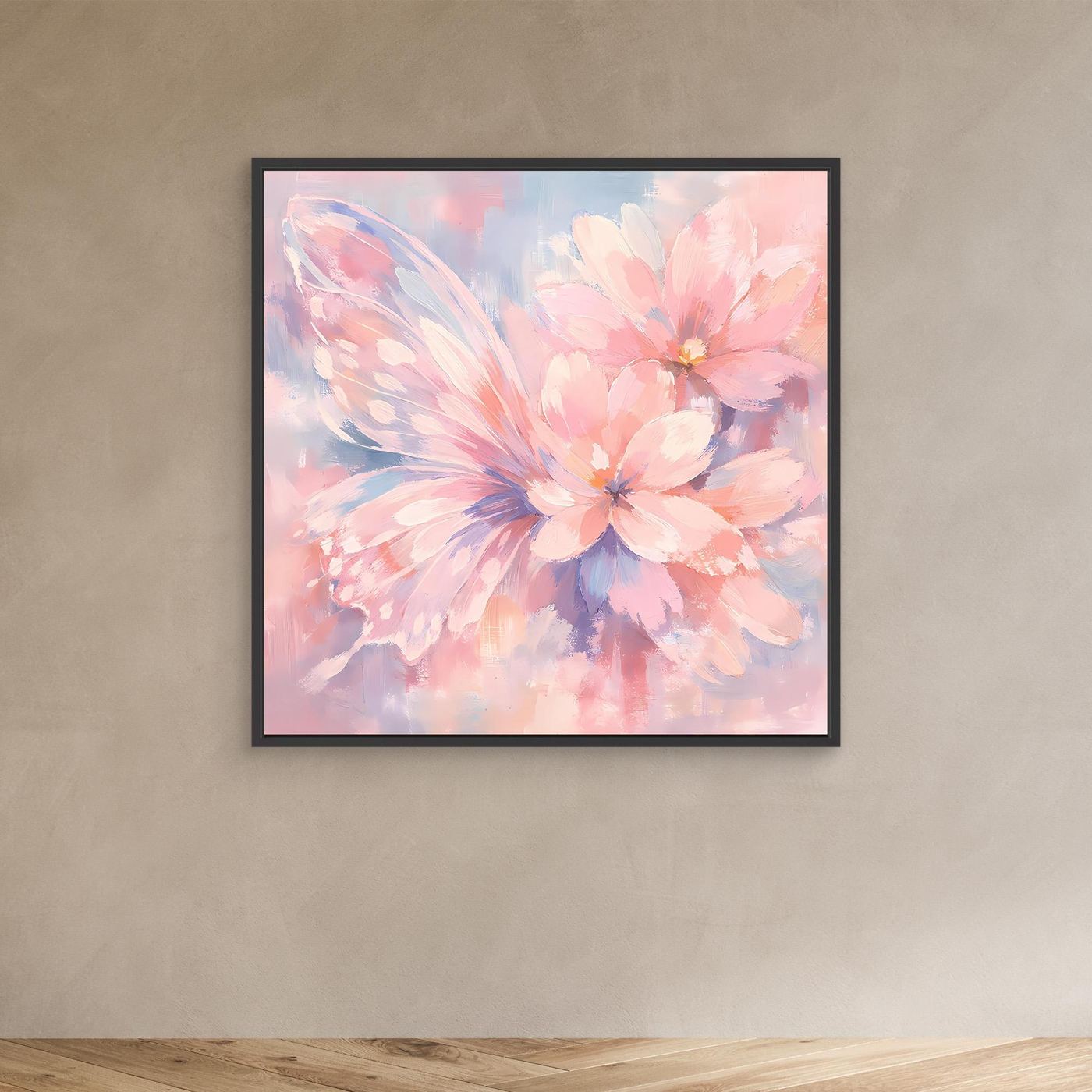 Leinwandbild mit Schmetterlingsblüten im Pastell-Look, schwarzer Rahmen