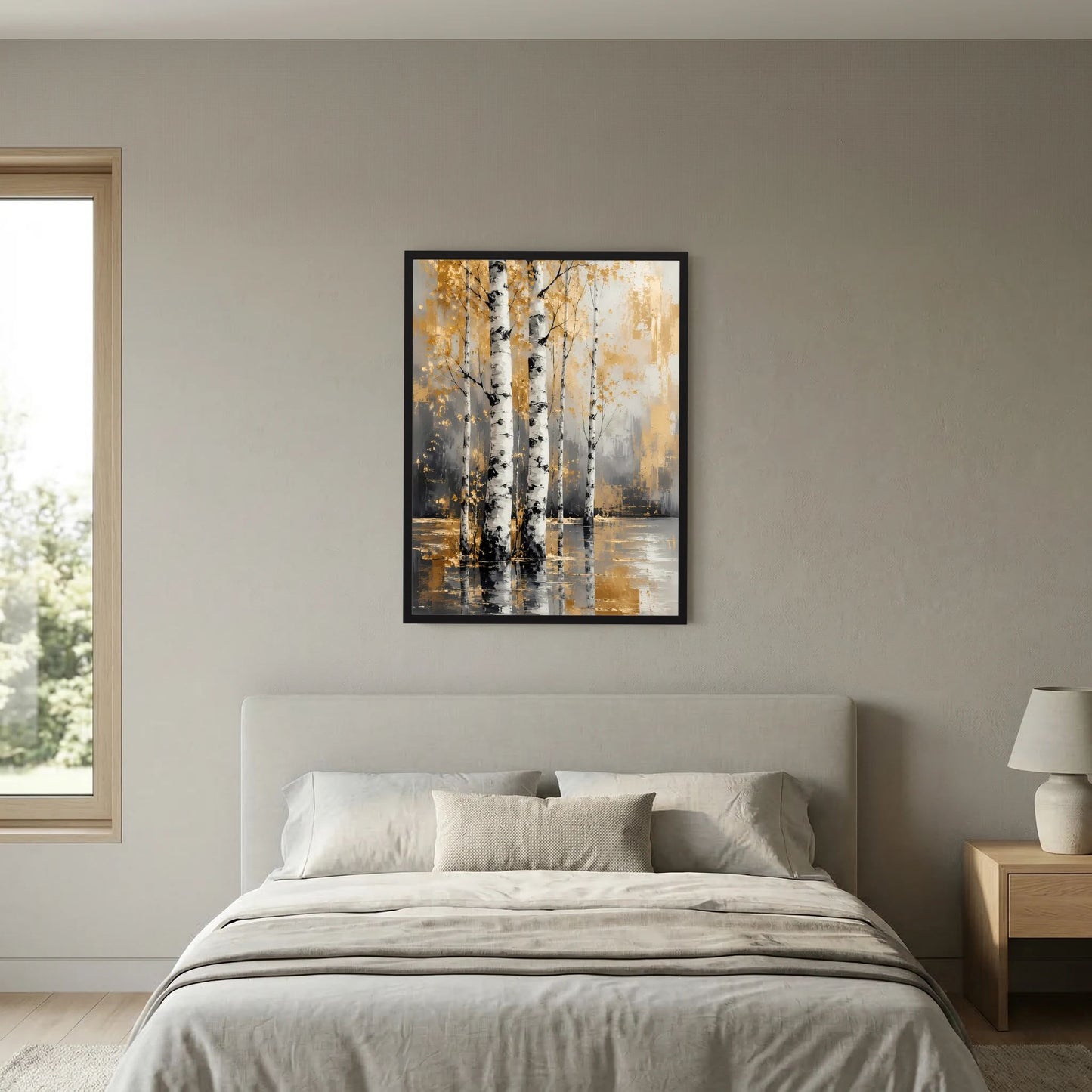 Gerahmtes Wandbild mit abstrakten Birken in Weiß und Gold, Spiegelung im Wasser