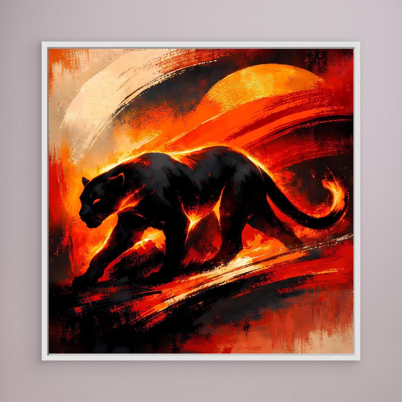 Leinwandbild mit schwarzem Panther in abstraktem Feuerrot, silberner Rahmen