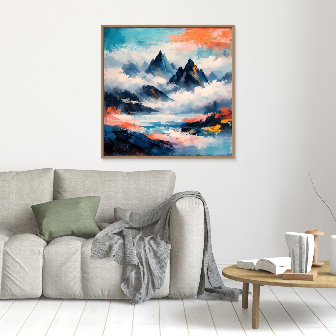 Abstraktes Leinwand-Wandbild mit Berggipfeln im Nebel, blau-grau, orangefarbene Wolken, Eichenrahmen