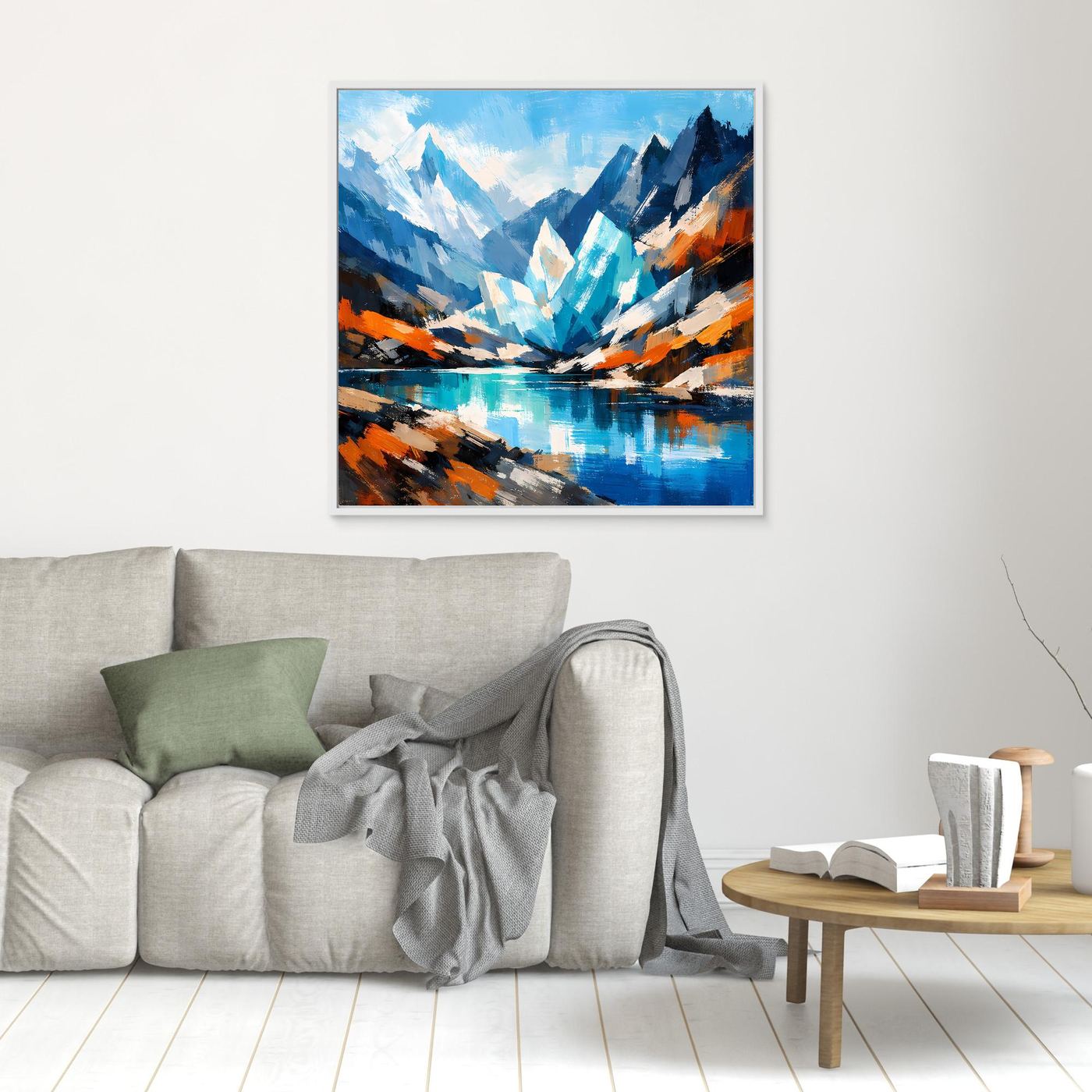 Abstraktes Leinwand-Wandbild mit Berglandschaft und See, blau/türkis, schwarz gerahmt