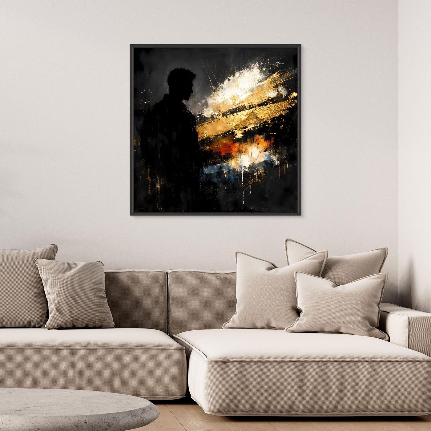 Leinwand Markante Silhouette in Gold und Schwarz | Modernes Abstraktes Männer Portrait Wandbild
