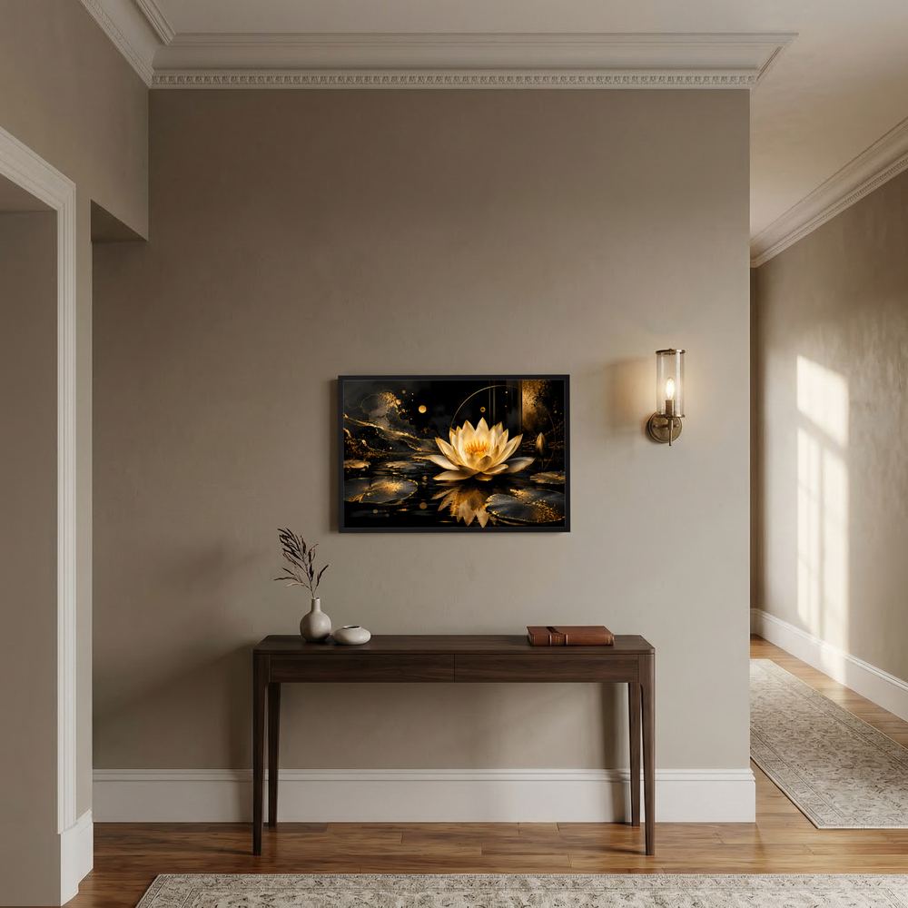 Gerahmtes Querformat-Poster mit goldener Lotusblüte auf dunklem Wasserhintergrund