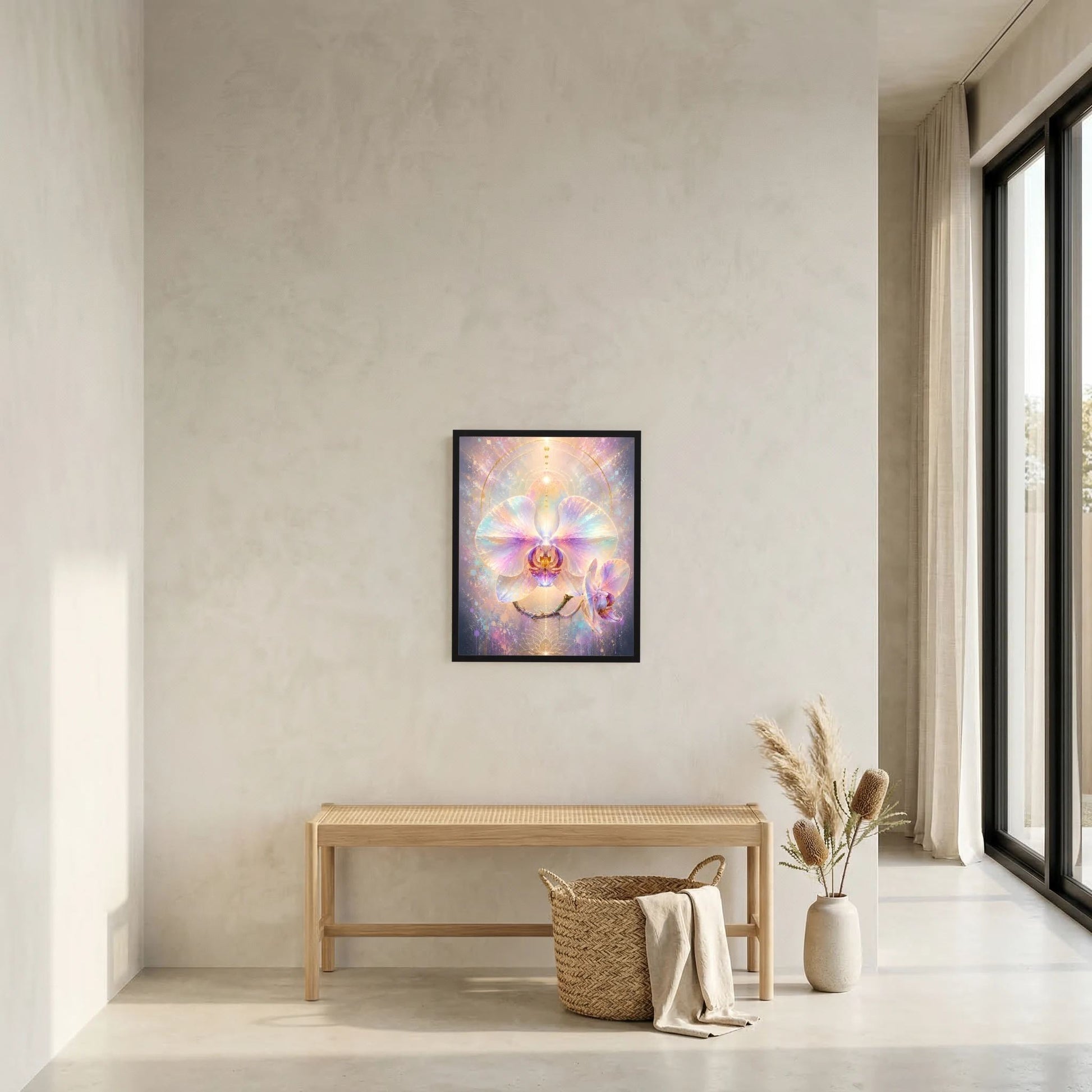Gerahmtes Orchideenposter mit abstrakter Orchideenblüte in Pastellrosa, Lila, Türkis und goldenen Akzenten