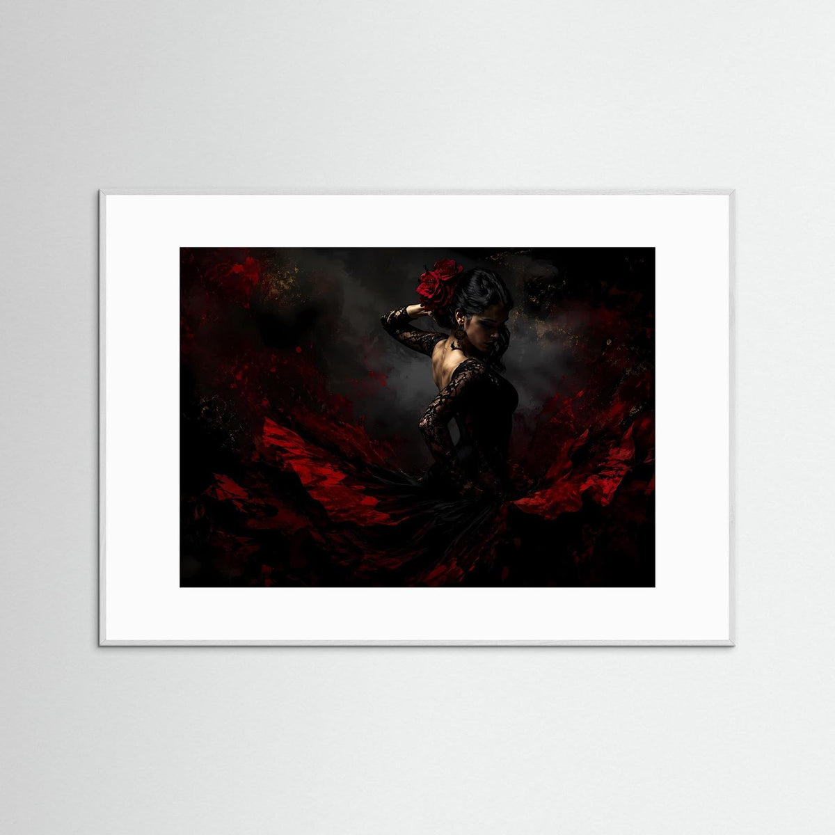 Flamenco-Wandbild mit Tänzerin in Rot-Schwarz, dunkelgrauer Rahmen, Querformat