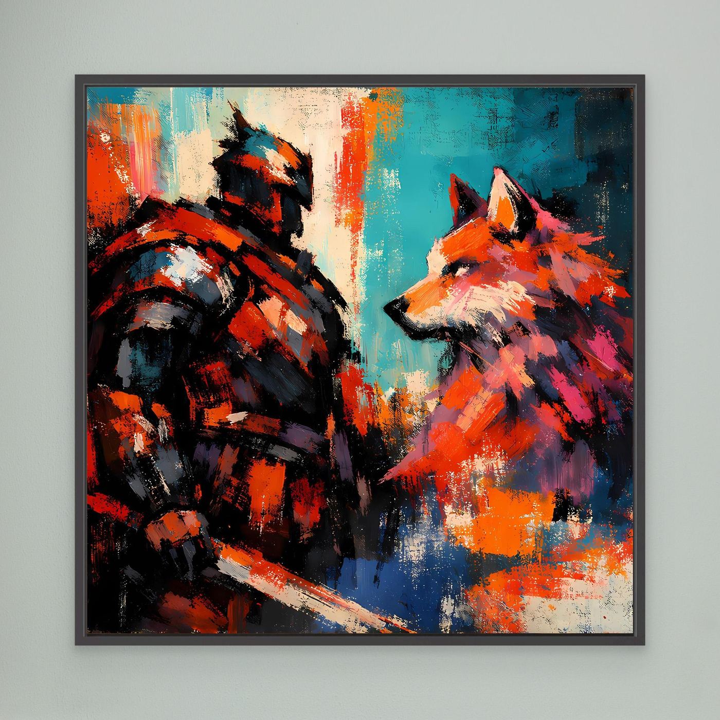 Abstraktes Leinwandbild mit Krieger und Wolf, schwarzer Rahmen