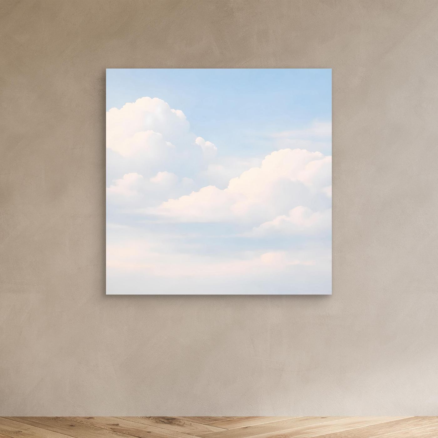 Quadratisches Leinwandbild mit pastellfarbenen Wolken am hellblauen Himmel