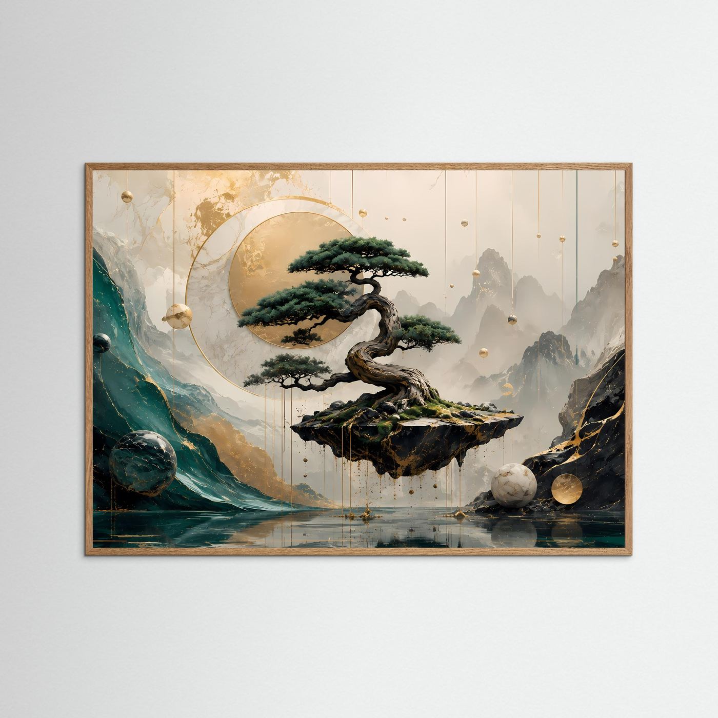 Mystischer Bonsai in Berglandschaft | Abstrakte Zen-Kunst in Gold & Petrol