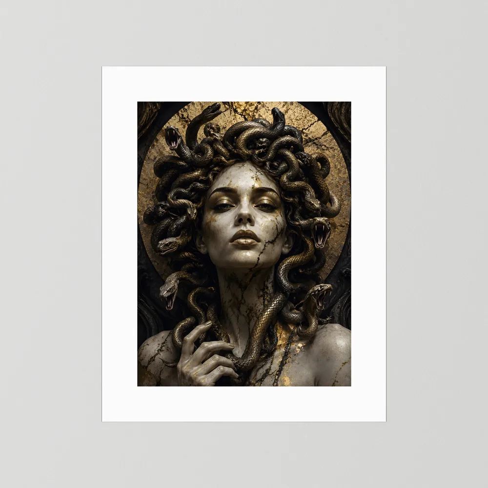 Gestaltetes Poster der Schlangengöttin Medusa mit goldenen Schlangen, ohne Rahmen