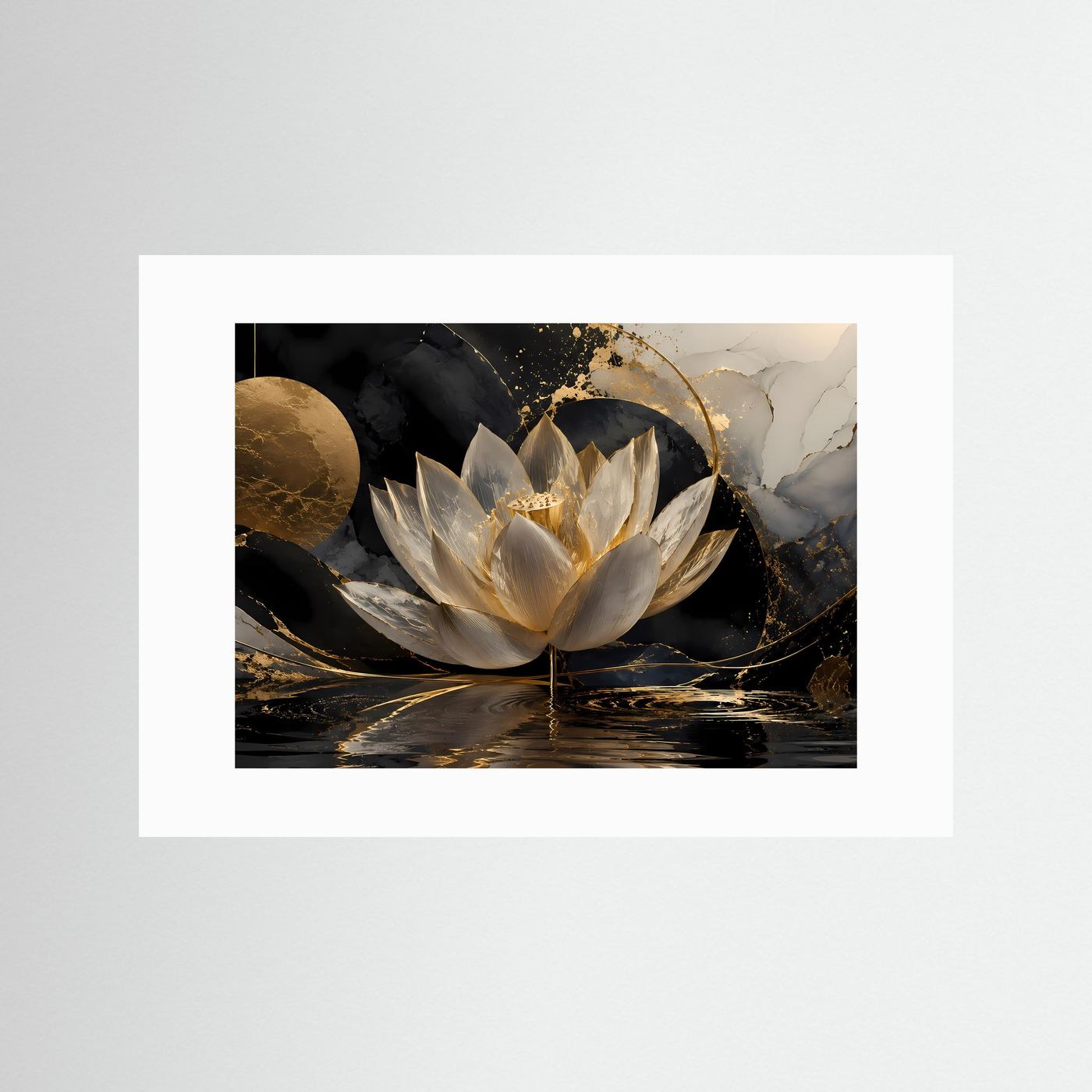 Weiße Lotusblüte Wandbild | Schwarz Gold Lotus Kunst | Elegante Zen Botanical Wall Art | Luxuriöse Meditation Leinwand | Moderne Wellness Deko