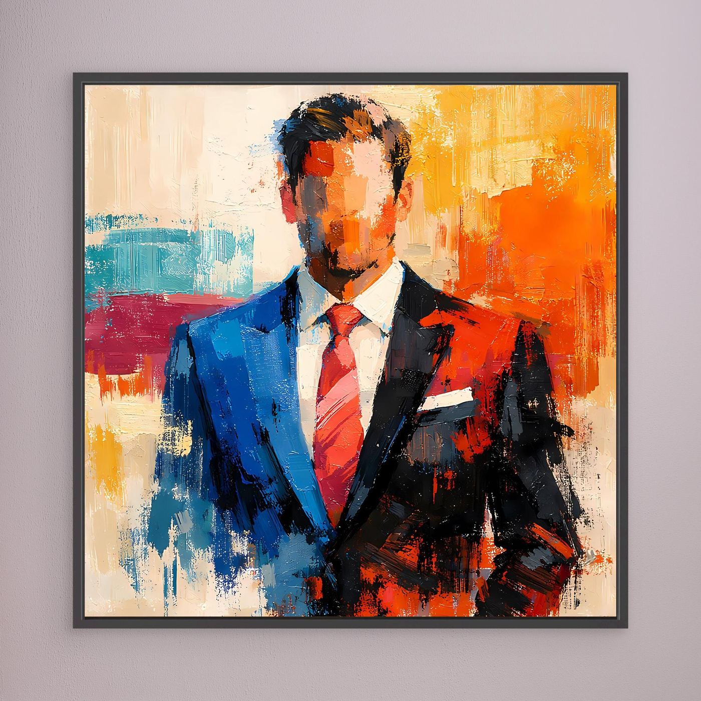 Business wall art print of an elegant man in a blue suit with orange and teal abstract background, dark frame.