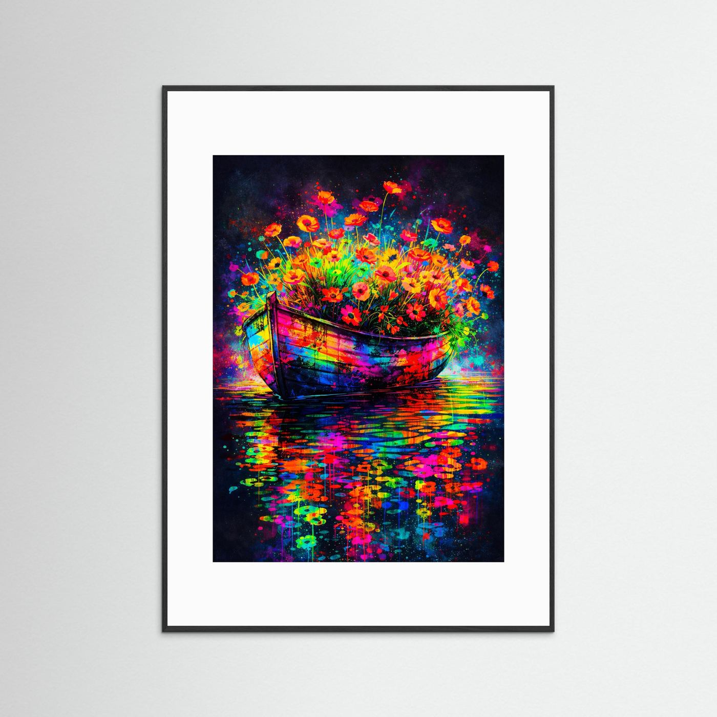 Abstraktes Blumenboot-Poster mit hellem Rahmen und Passepartout, Neonblumen im Boot