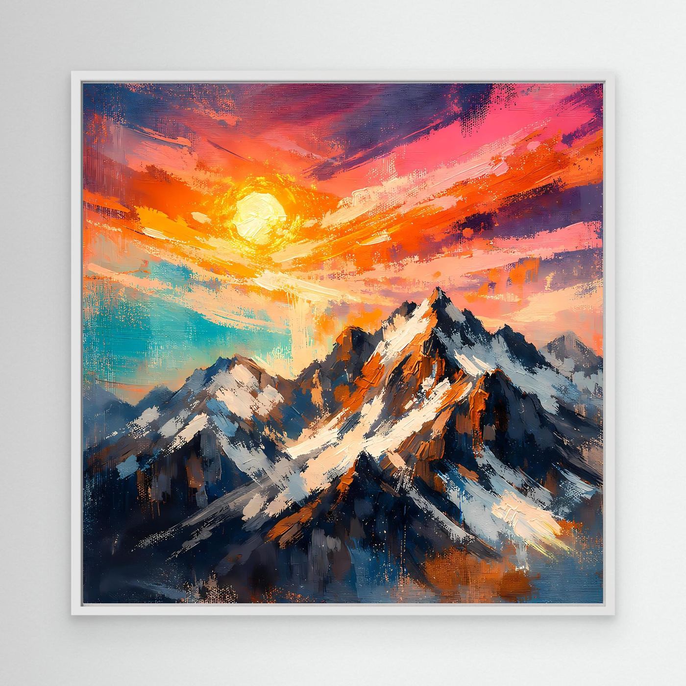 Leinwand Alpenglühen an verschneiten Berggipfeln | Abstraktes Gebirge Wandbild
