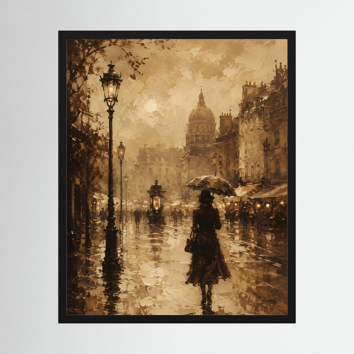 Hochformatiges Poster mit schwarzem Rahmen, sepia Straßenszene mit Laternen und Regenschirm.