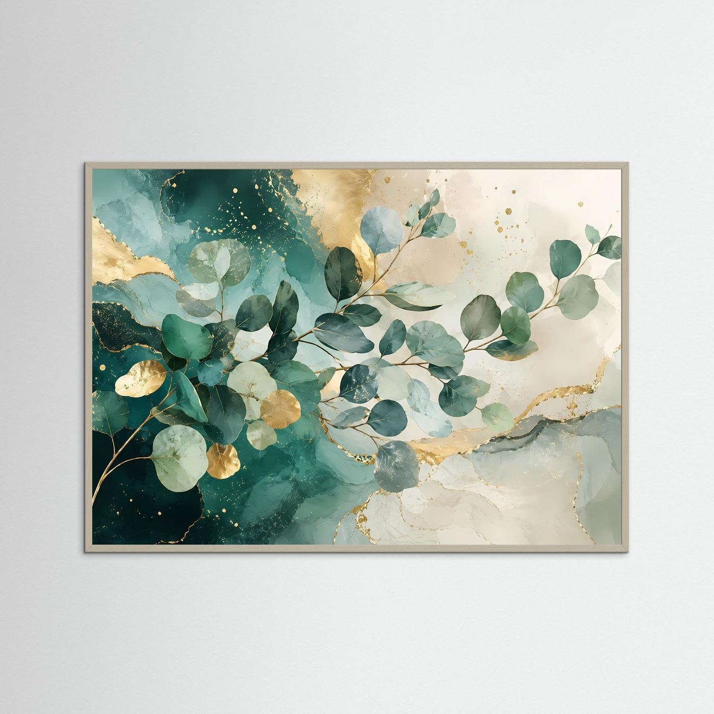 Eukalyptus Blätter Poster Querformat | Abstrakte Botanische Wandkunst in Grün & Gold | Modernes Natur Wandbild