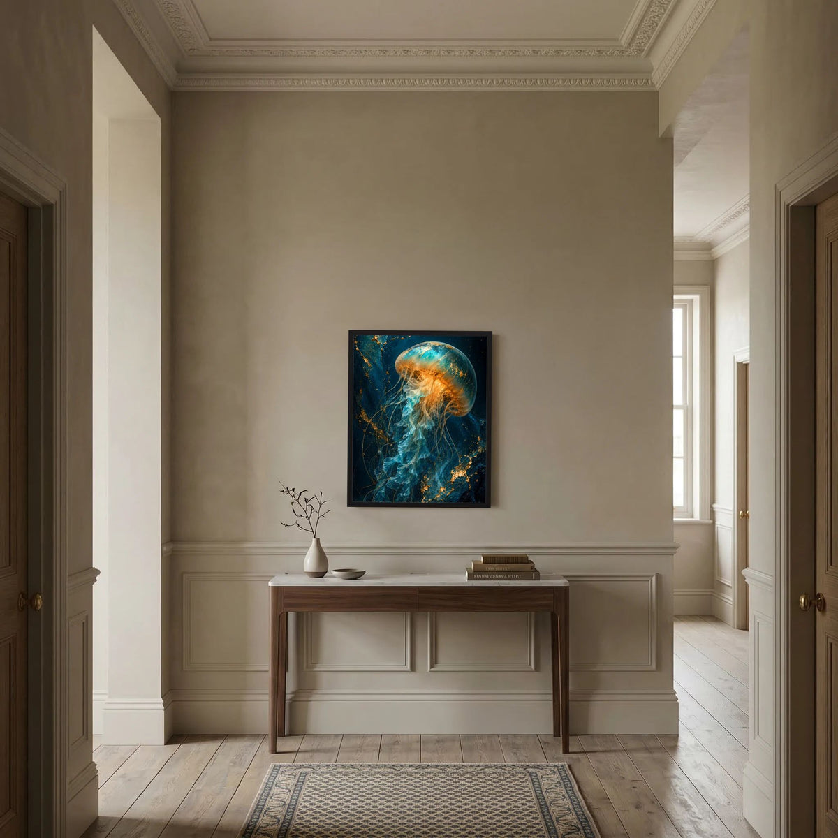 Gerahmtes Hochformat-Poster mit leuchtender Qualle in Türkis und Gold auf dunklem Grund