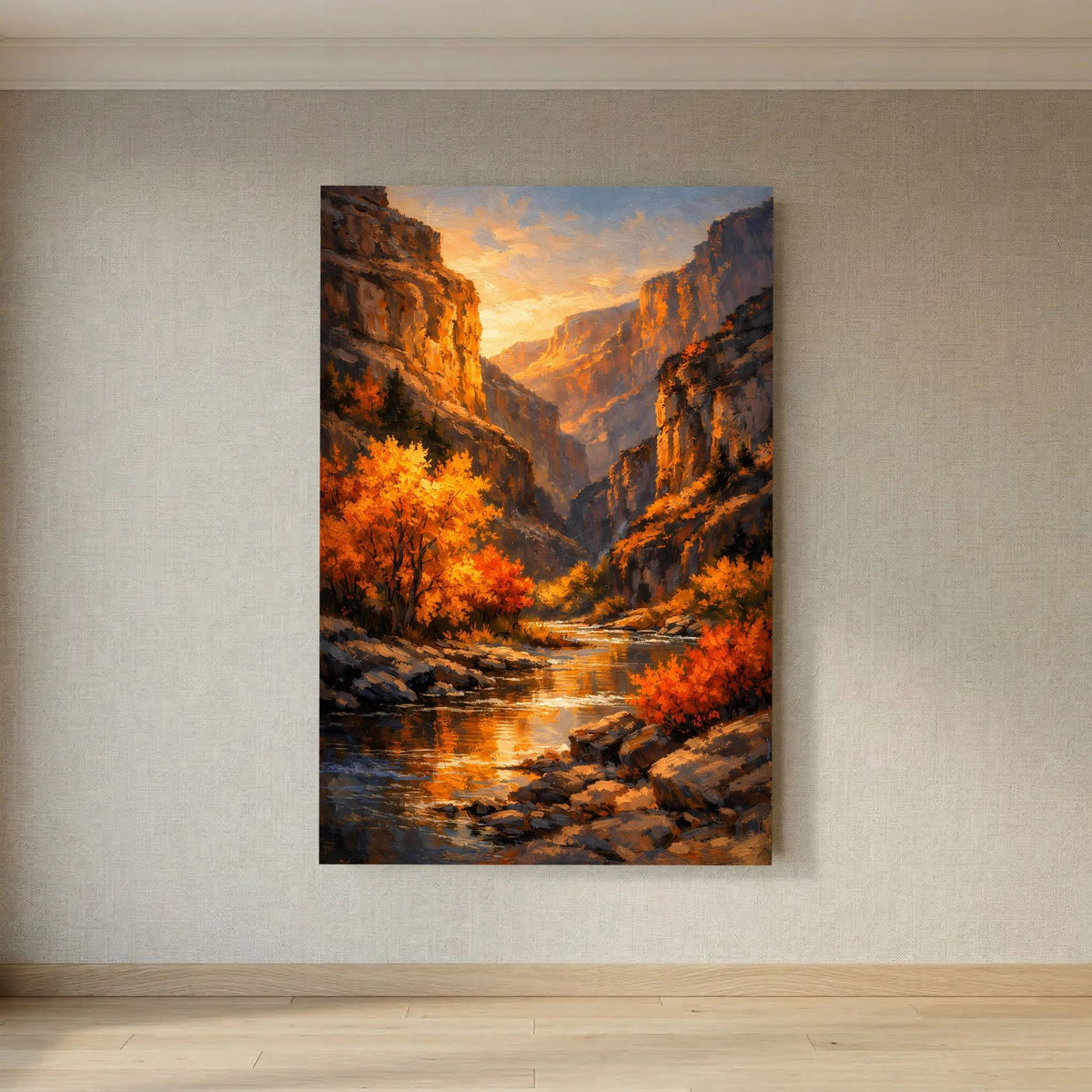 Hochkantiges Wandbild mit Canyonlandschaft, Fluss und orangefarbenen Bäumen bei Sonnenuntergang
