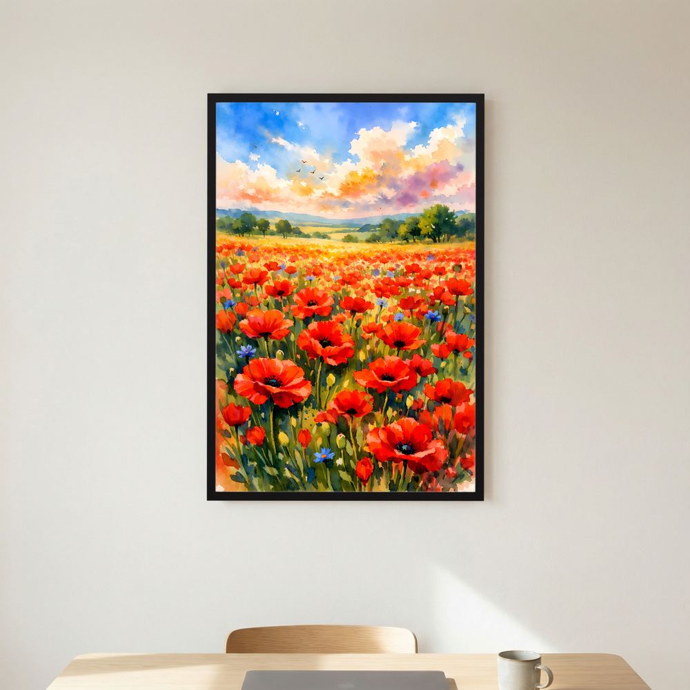 Poster im Hochformat mit Mohnblumen-Wiese und Landschaft, schwarzer Rahmen